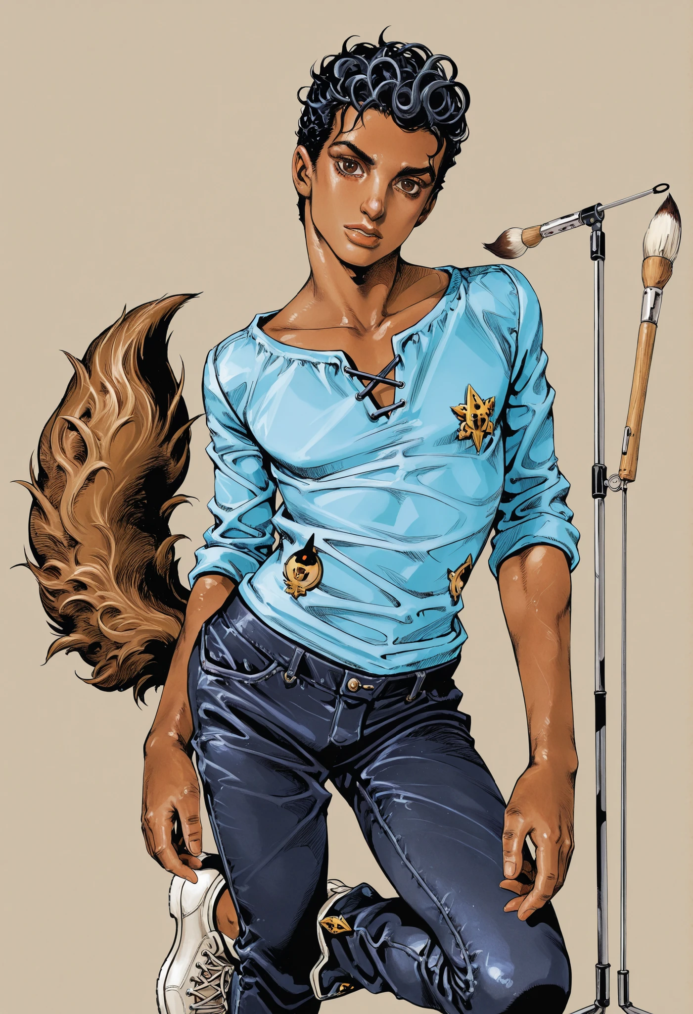 best quality, detailed tails, masterpiece, perfect anatomy, detailed face, jojo style by araki hirohiko, solo, male, human, black hair, brown skin, dark brown eyes, young, blue shirt with the 'K' in the center, black jeans, white shoes, humanoid brush stand