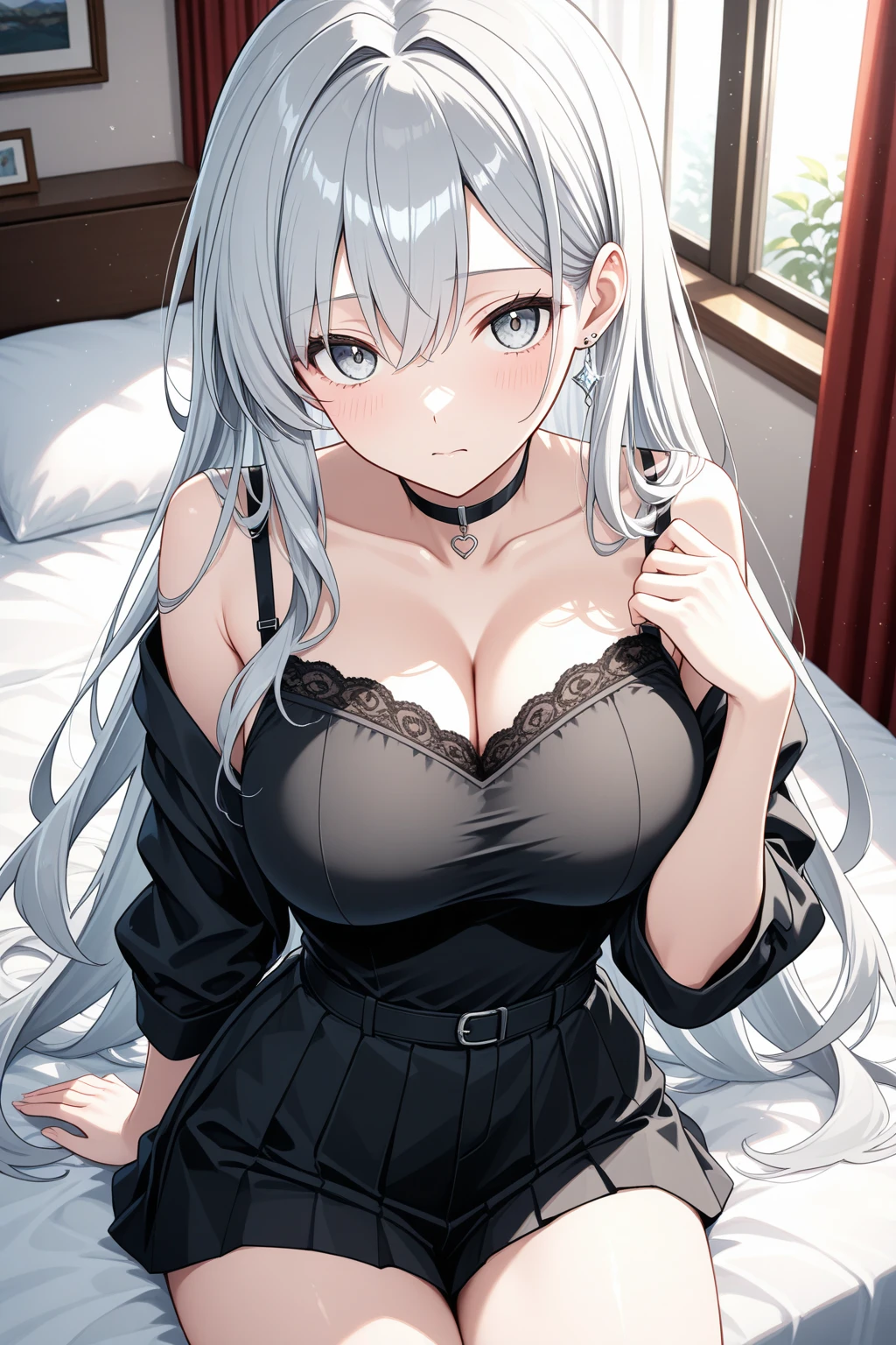 (masterpiece、Highest quality、Very detailed))、One girl、((Brown skin:1.3))、Blonde、Long Hair、Wavy Hair、Grey Eyes、evilsmile、((Grin))、((lots of piercing))、Large Breasts、cleavage、((white sweater))、Off the shoulder、Strapless、black thighhighs、Cowboy Shot、((bent over))、Bedroom Background