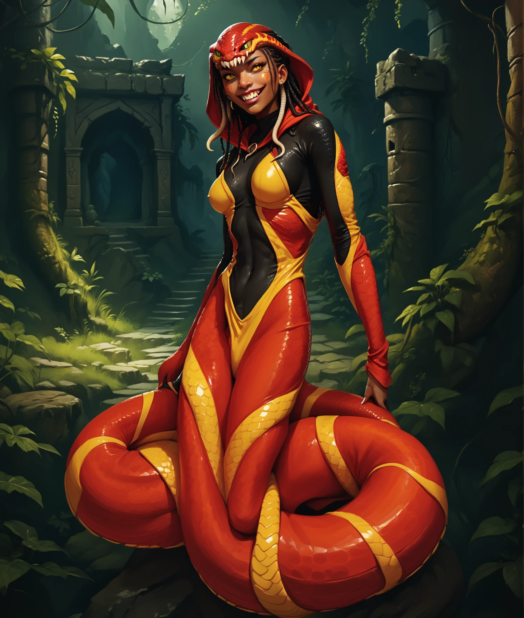 Serious expression. Humanoid snake. Beautiful anthro snake-girl. Slender red and yellow-striped naga body. Yellow/black/orange/red snake-skin. Cute 18-year-old Mongol Naga/Lamia-girl with red slanted eyes and cobra-hood and unnaturally sharp teeth and black dreadlocks with white highlights. She has snake-eyes. Sharp and pointy teeth. She has a cute and beautiful yellow latex face with leather-skin. She has a round and young face with a pointy chin. Her body is athletic with abs. Her skin is like shiny snakeskin-leather. A-cup. Background: medieval jungle ruins. Realistic lighting. DnD art-style. fake box art, semi-realistic, Looking at the viewer. 