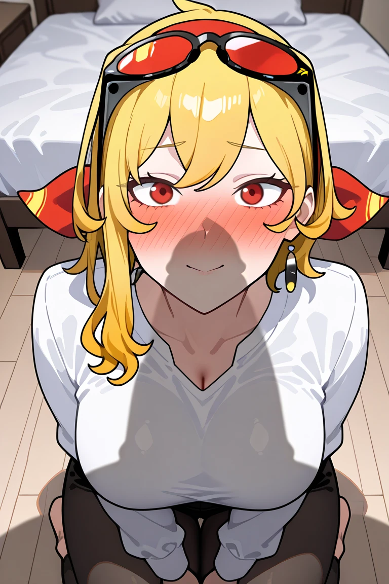 ((masterpiece, best quality)), (1girl), (solo), (female focus), 1girl, slut, bitch, naked, sweat, wet pussy, tsundere mood, blond hair, bun hair, spread pussy, hairy pubic, indoor, sitting, bedroom, front at viewer,