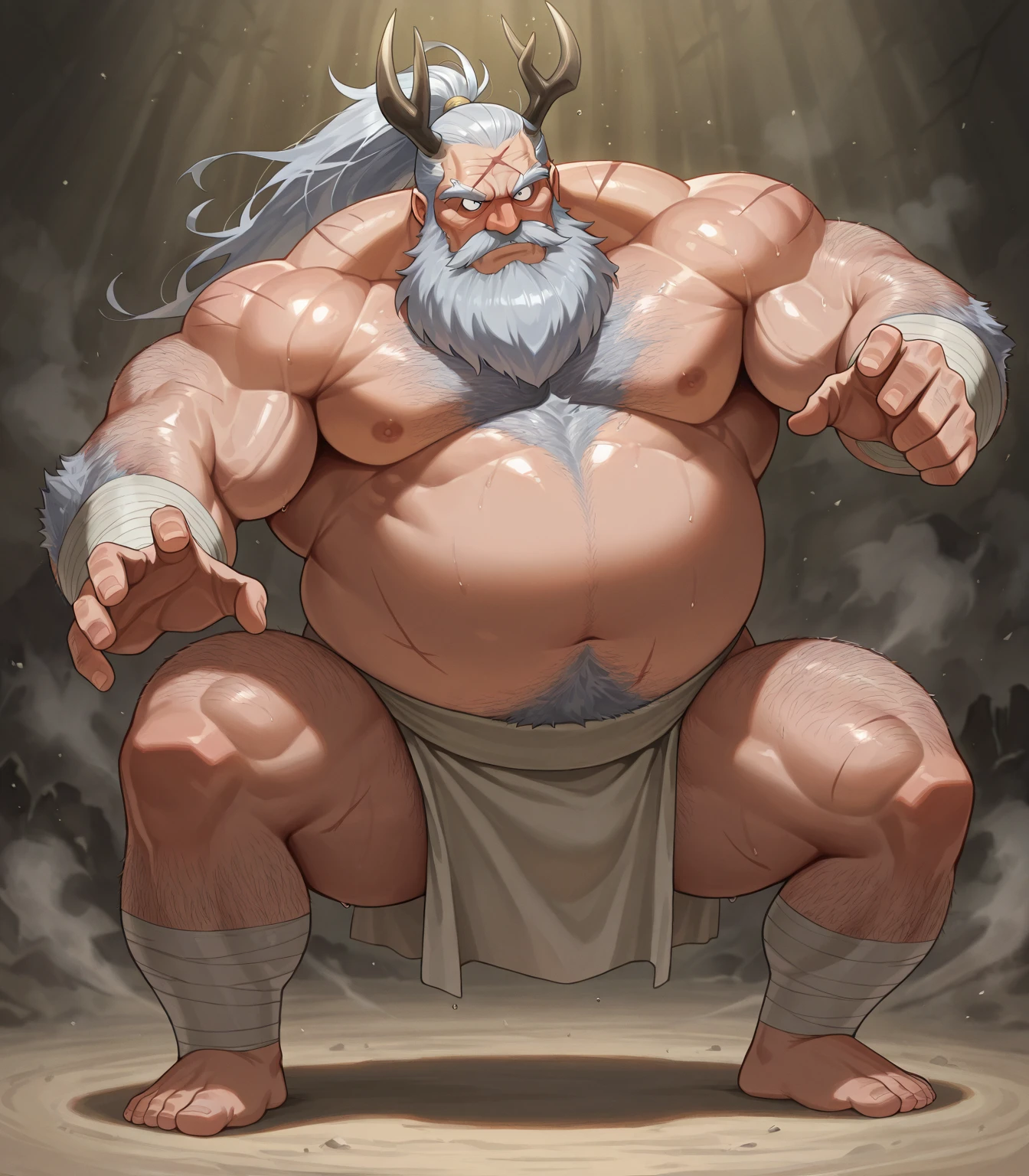 Dwarf　Warrior　Hairy　Completely naked　Swing the axe up　Armpit hair　Stretch both feet forward and backward　Gray Hair　in the forest　In combat　Fluffy Beard