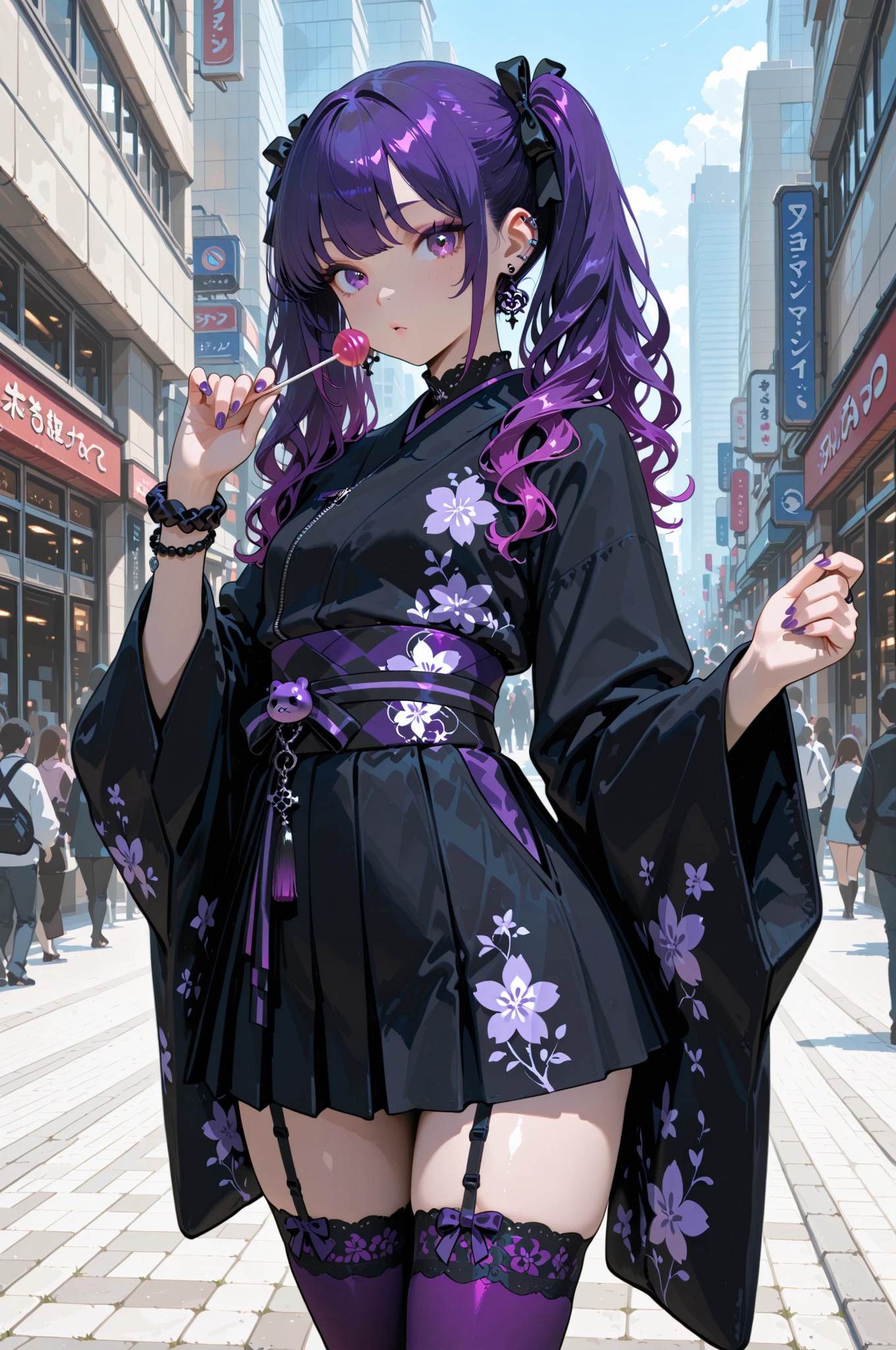 Extremely Fashionable Aesthetic, solo, Extreme yukata gothic fashion women, Beautiful Eyes , Black & Purple Multicolor Hair, Randomly Changing Hairstyle with Lollipop Based on Drill Twin Hair. BREAK purple pink and dark blue yukata style large sleeve zipper jersey top. BREAK \(Sporty Short Yukata Jersey Skirt\)wavy hair with flaps, ribbon, Medium Denier Floral Point Garter Stocking, Round Gothic Earrings, Silver 925 Feather-shaped Charm Bracelet. BREAK \(Very Movable Fashion Model Pose\), \(Randomly Changing Fashion Coordinates\), Akihabara background , MX4D.