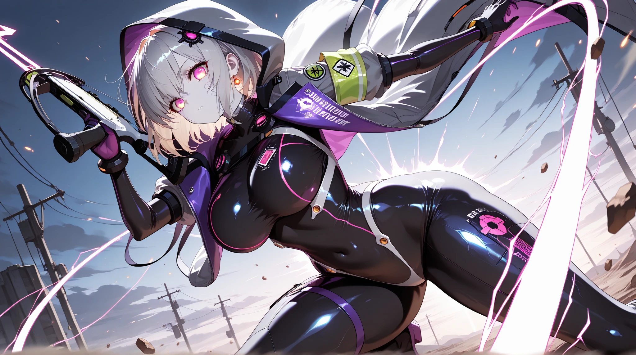 top-quality、Top image quality、in 8K,4K,​masterpiece、、ultra-detailliert、Beautiful、ultra-quality、adult-like、Cool、girl with(((18year old、Rubber Suit 1:3、Medium-sized breasts、silber hair、a short bob、Red Eyes、flank、erotick:1.4、Happiness)))、from below looking up、opening legs widely、Cool pose:1.4、hiquality、visualart、Background with((nightcity:1.2))、masutepiece