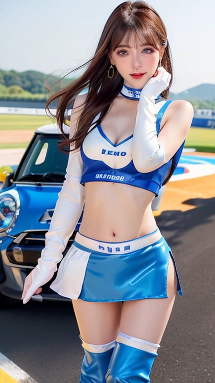 ultra high res, photo, 4k, absurdres, (incredible absurdity), ((masterpiece, best quality)), (wallpaper), (8k hd), ((full body picture)), ((gigantic breasts)), <lora:feet:1>, <lora:GoodHands-beta2:1>, tall girl:1.4, <lora:DPMI-15:1>,multiple girls, 2girls, skirt, high heels, gloves, hat, standing, white gloves, long hair, clothing cutout, breasts, midriff, looking at viewer, brown hair, cleavage cutout, blue skirt, smile, miniskirt, full body, bangs, navel, hand on hip, brown eyes, crop top, short sleeves, blue shirt, legs, platform footwear, lips, blue headwear, wavy hair, contrapposto, cleavage, makeup, medium breasts, closed mouth, lipstick, shirt, logo, pencil skirt, side slit, jewelry, garrison cap, hand on own thigh, side-by-side