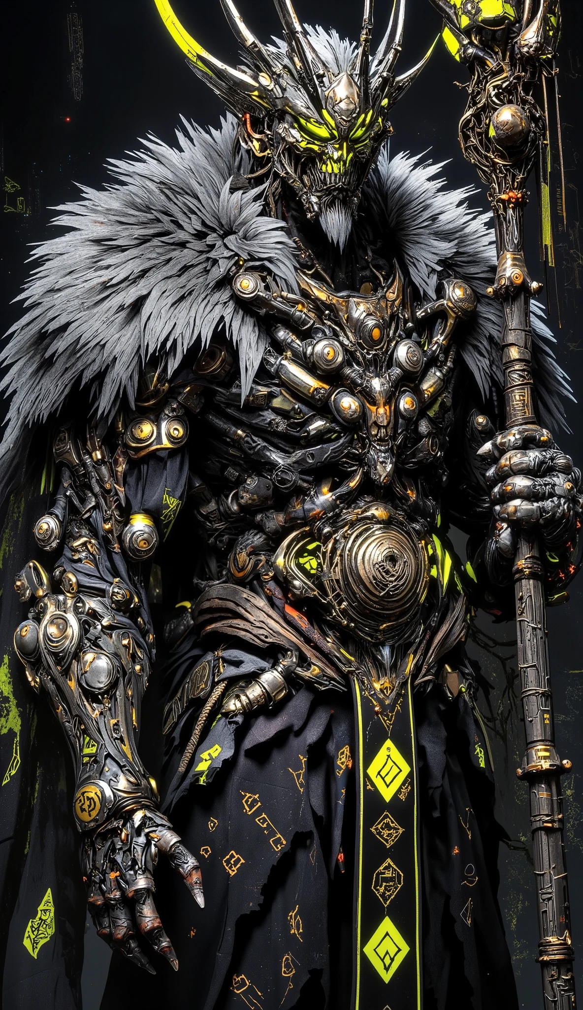 The image depicts a powerful, enigmatic character in a post-apocalyptic or fantasy costume adorned with bones, skulls, and claws. Wearing a crown-like headdress with sharp horns, skulls, metal elements, and ropes, he sports a gray fur cape with bright yellow geometric patterns on dark armor. His suit includes decorative fangs and fragments, a leather glove with belts and symbols, and a massive staff topped with a human skull. The staff features intricate patterns, moss, ropes, leather, and metal, all in orange.
The natural shades of gray fur, yellow and cream bones, and dark backgrounds enhance the scene's realism. Bone surfaces are matte, while metal and leather contrast with glossy textures. Cracked paint on some patterns suggests age. The character exudes power and mystery, ready for ritual or battle, adorned with metal earrings, chains, and pendants, some golden or copper. Miniature skulls, teeth, and fangs on his clothing add to his savage and strong appearance.
The detailed, textured costume immerses the viewer in a fantastical or post-apocalyptic world of power and mystery. A luxurious and intricate image with many exquisite patterns and elements, decorative details and decorations.