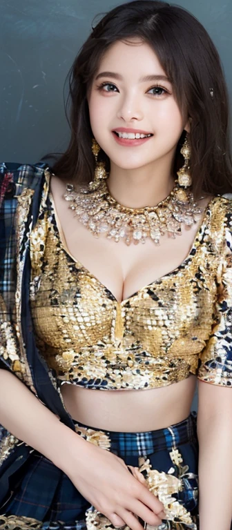 A young realistic woman adorned in very elegant traditional sexy Indian attire, cute and sexy face, very very big breasts(boobs), sexy body type, sexy outfit, sexy smile. Indian wedding (realistic perfect face))