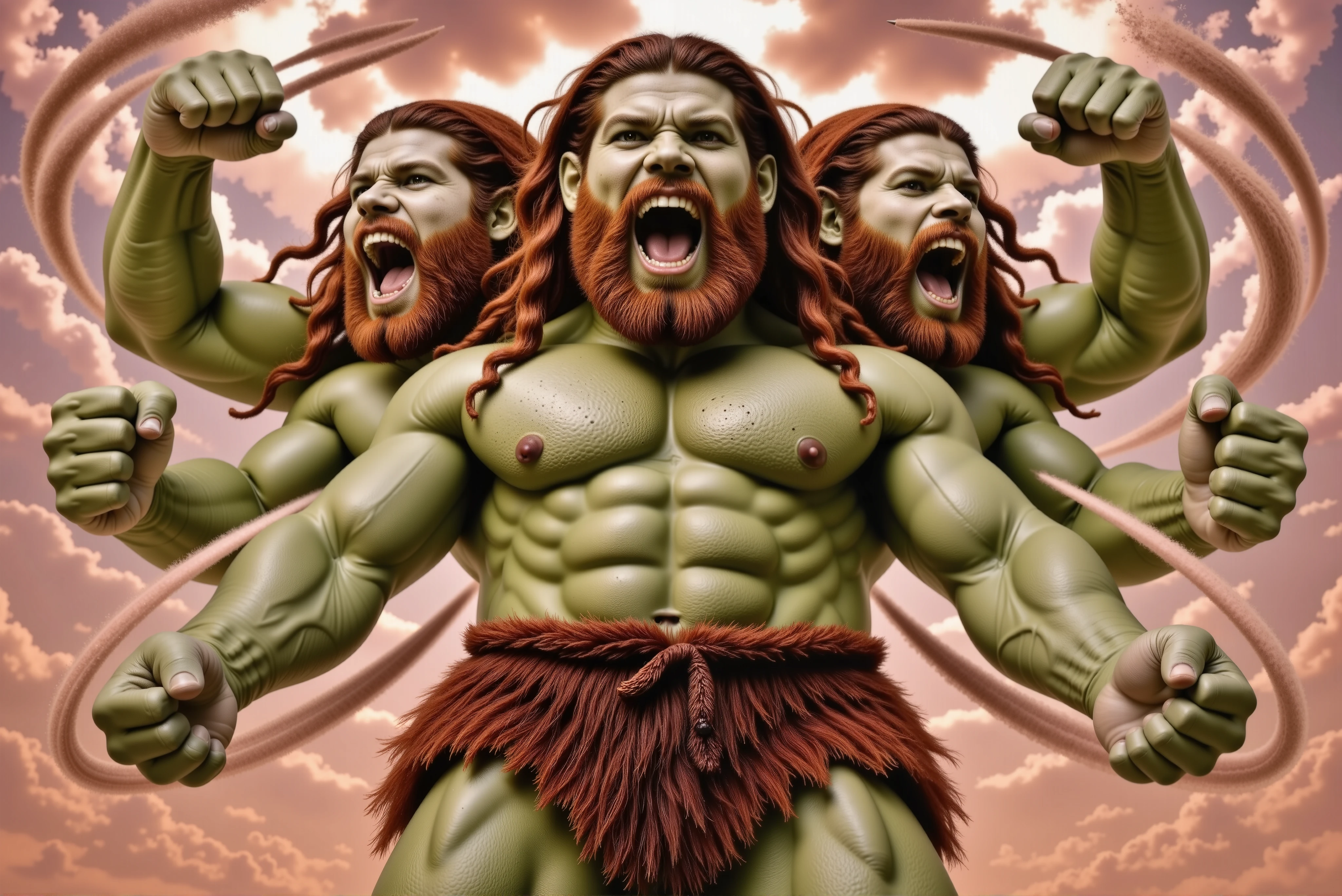 A colossal three-headed giant with slightly greenish skin, long, thick, reddish-brown hair and beard. All three heads are roaring furiously, their faces contorted with rage. The giant has six powerful arms, which he spins with violent force, creating a chaotic whirlwind around him. His body emanates raw energy as dust and debris swirl through the air. The sky above is dramatic, filled with golden light and storm clouds, enhancing the mythical and threatening presence of the creature.