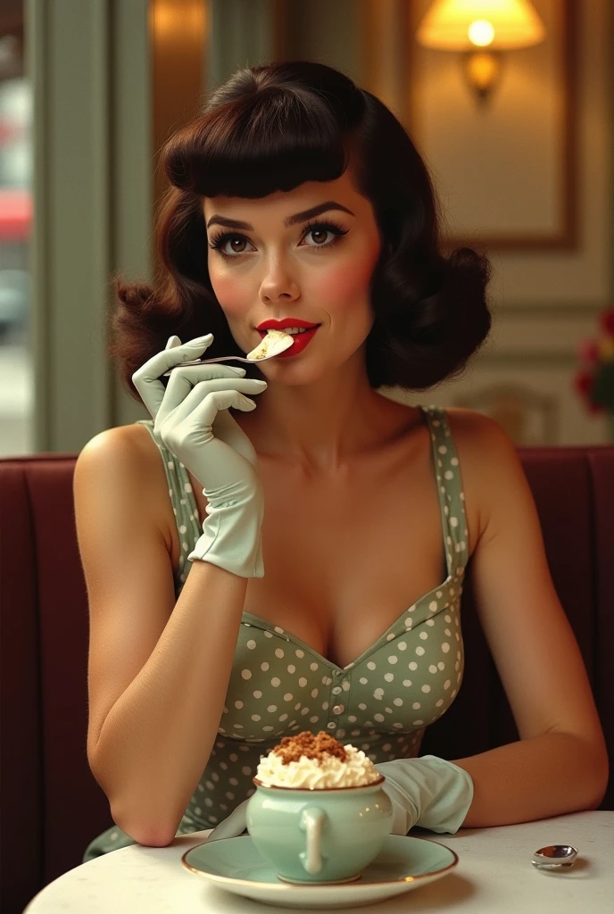 Create imaginative and amazing images demonstrating the style of ((Miscellaneous Academia)), A beautiful girl in a retro 1950s style dress, sitting in a vibrant 1950s ice cream parlor, surrounded by classic desserts such as sundaes, milkshakes, and pastries, (best quality,4k,8k,highres,masterpiece:1.2),ultra-detailed,(realistic,photorealistic,photo-realistic:1.37),highly detailed face and eyes,beautiful detailed lips,extremely detailed skin,detailed 1950s style dress,intricate ice cream parlor interior with classic decor,colorful and vibrant 1950s palette,soft studio lighting,detailed reflections,detailed textures,photorealistic,cinematic composition