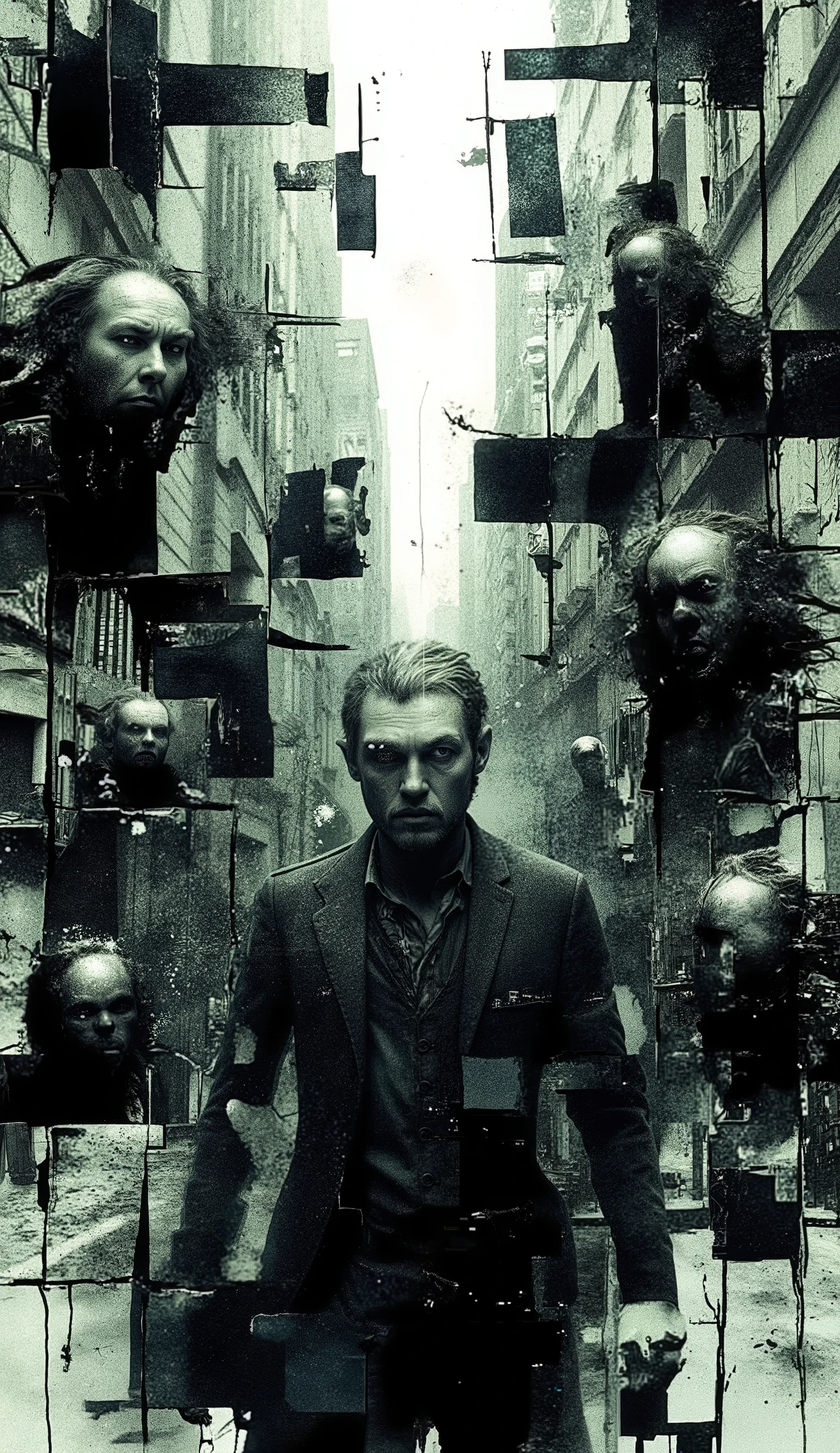 a surreal and melancholic scene of a fractured man, expression full of despair and sadness, frozen at the center of the image as if time has stopped for him. In the background, a ghostly, motion-blurred city moves around him, full of spectral figures and distorted architecture. Cinematic lighting, chiaroscuro contrast, symbolic fragmentation, mood of isolation and melancholy. UHD, detailed, emotionally intense.