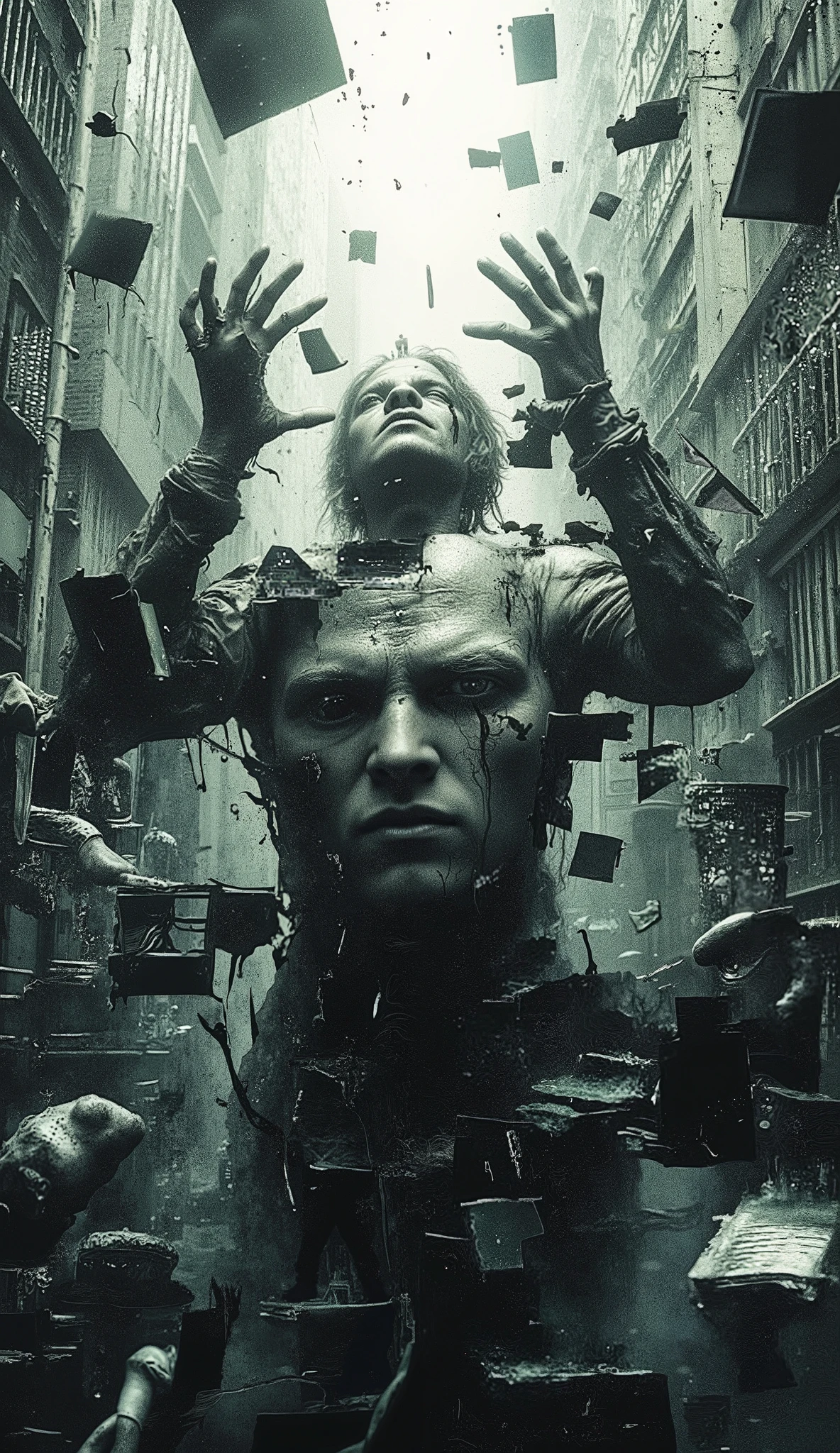 a surreal and melancholic scene of a fractured man, expression full of despair and sadness, frozen at the center of the image as if time has stopped for him. In the background, a ghostly, motion-blurred city moves around him, full of spectral figures and distorted architecture. Cinematic lighting, chiaroscuro contrast, symbolic fragmentation, mood of isolation and melancholy. UHD, detailed, emotionally intense.