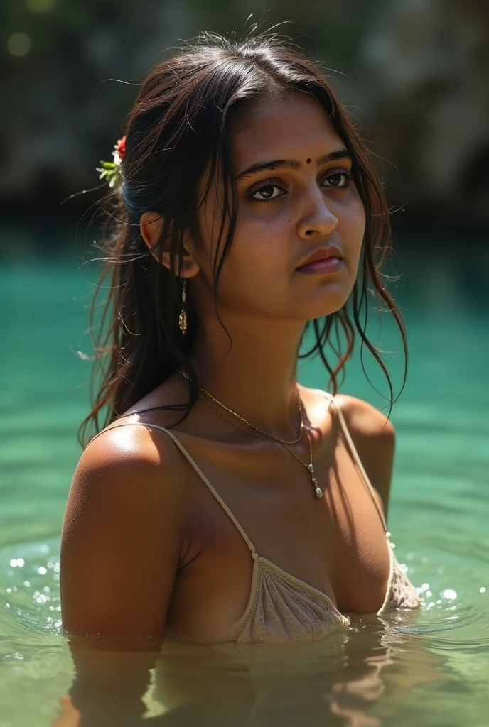 photo of an Indian hot girl sad in the beach, bikini, full body, sky full of clouds, lightning in the clouds of the explosion, sadness, petite, Russian face, perfect body, small boobs, 20 years old, beautiful face, majestic, beautiful, goddess, incredible, fear expression on her face, long hair, storm, Complex position, big sky, realistic, detailed, masterpiece, extra film grain, professional lighting, professional photography, neutral colors, muted colors, natural lights, photo realistic, good composition, 4k, high definition