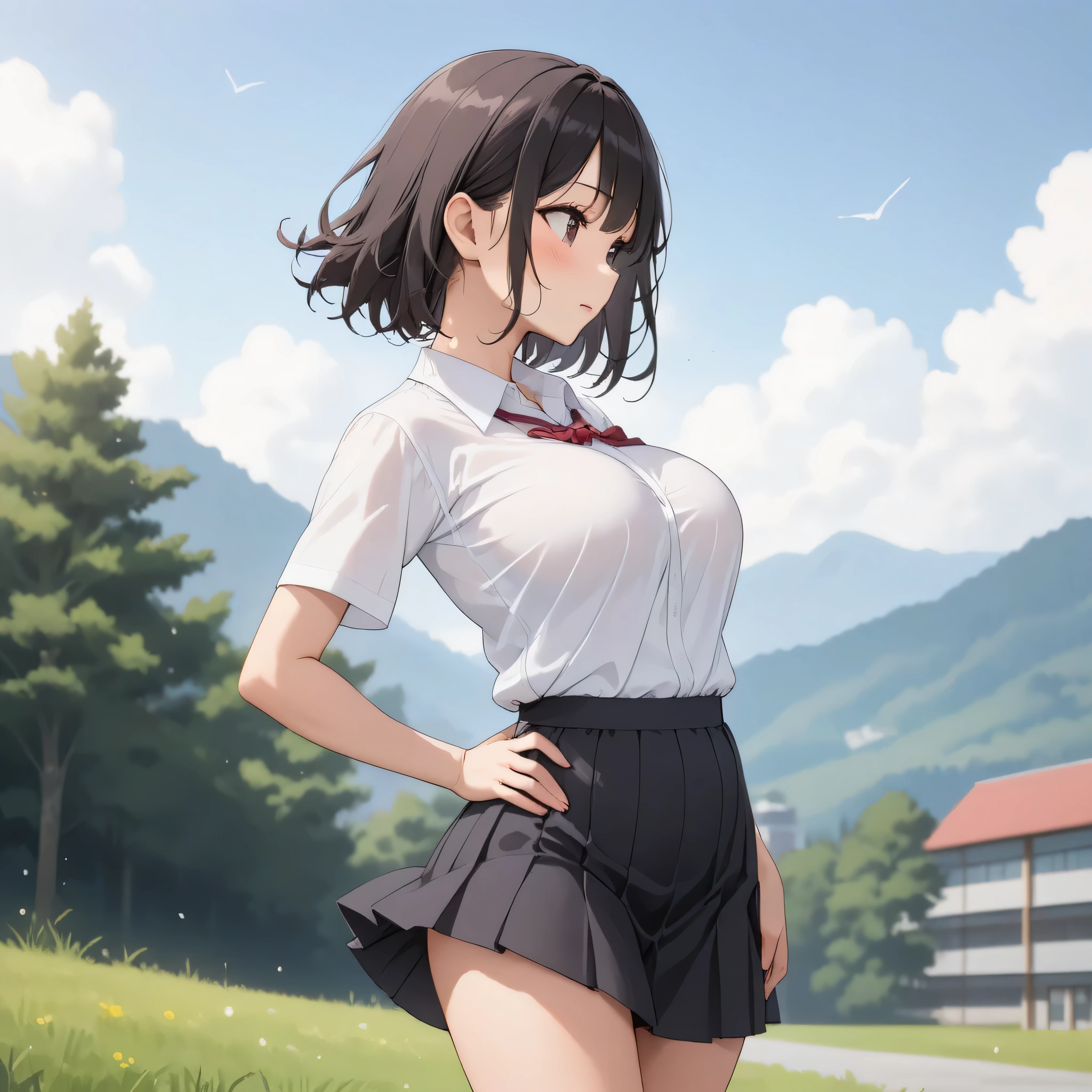 (elementary school), landscape, BREAK, sideview, solo, (1 elementary school student standing), little student, skinny girl, (bouncing large breasts:1.2), arched back, swaying back, arms behind back, BREAK, (bursting large breasts:1.1), too short torso, too narrow waist, skinny legs BREAK, school uniform, white collared shirts, white bra visible through shirts, two piece lingerie, (flapping black too short high-waist skirt:1.3), (slipping hip:1.4), black thighhighs, nsfw