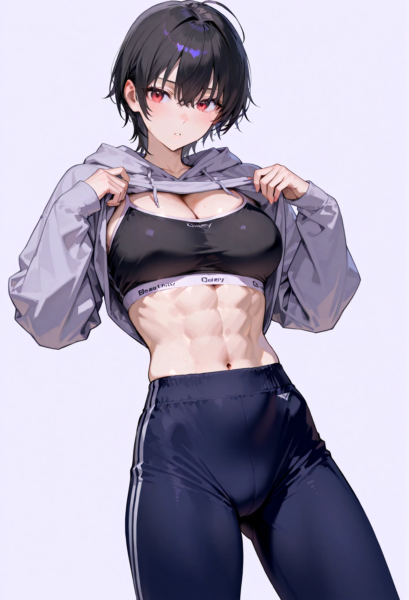 Adult Female, alone, very short hair, buzzed sides, Pixie cut hairstyle, black hair with thin red highlight, orange irises, mature, medium breasts, toned body, well defined abs, bathroom, panicked, tomboyish, white sports bra, thin compression shorts, thunder thighs, bulge in pants, no nudity, no exposed body, high detailed, high quality, best quality, perfect irises, perfect hands, perfect fingers, perfect eyes