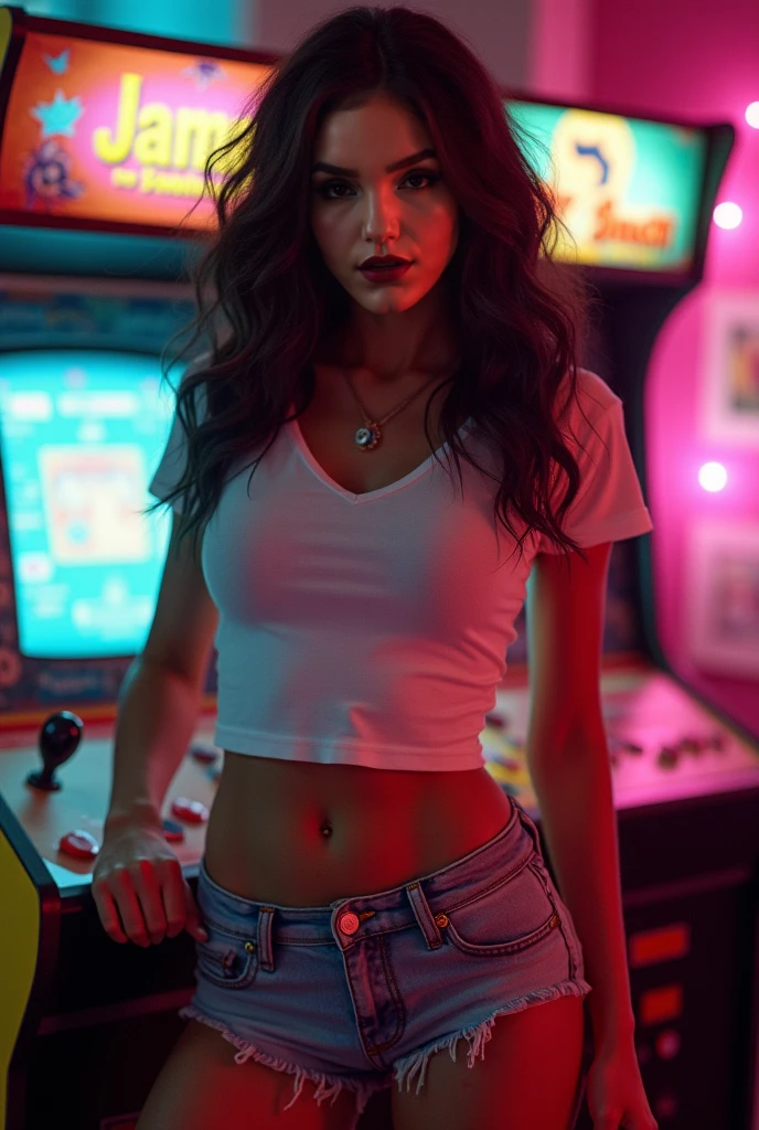ugly girl, rotten skin, pimple and freckles on face, 14 years old, open shirt, very long hair, disheveled hair, small breasts, panties, zombie girl, game house, lots of arcade games, zombie pose, best quality, high resolution, hyperrealistic, 8K, HDR
