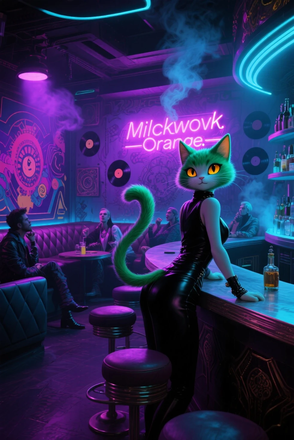 chat de bar: d shaped cat head'Neon sign. Signe vibrant, Bay window of the lively bar, rue animée de la ville, vie nocturne urbaine, Couleurs vives, Energetic ambience, paysage urbain moderne, bright windows, vie nocturne animée, Lively crowd, Electrical power, une ambiance urbaine, bustling streets, Illuminated buildings, paysage urbain dynamique, lively activity, vie nocturne animée scene, ambiance vibrante et colorée, energetic nightlife, Glittering neon lights, rue animée de la villes, signes lumineux, nuit animée en ville, Dynamic urban scene, dazzling lights, vie nocturne animée de la ville, Modern metropolis.