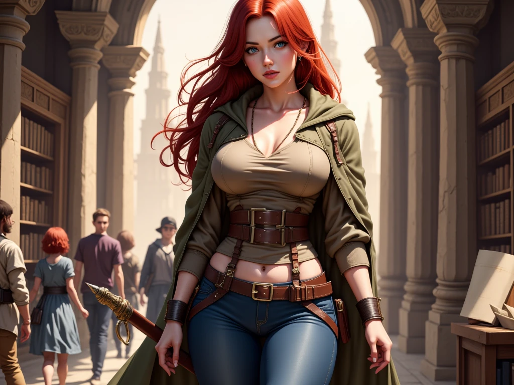 ((Full body photo)), ((head to toe photo)),(Hyper-detailed, insane details, Beautifully color graded, Unreal Engine, DOF, Super-Resolution,Megapixel, Cinematic Lightning, Anti-Aliasing, FKAA, TXAA, RTX,SSAO,Post Processing, Post Production, Tone Mapping, CGI, VFX, SFX),(masterpiece, stable scene at sunset:1.3), (22 year woman with wavy and shiny red hair cascading over her shoulders), (beautiful green eyes with a sensual look), ((full lips bright )),(with huge but firm breast), (muscular woman with huge round firm ass, with huge but firm breastuscle women), (huge round firm ass), (dynamic perfil pose),