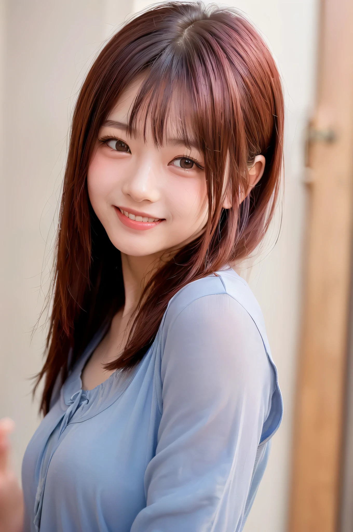 (top quality、8k、32K、masterpiece)、(realistic)、(realistic:1.2)、(high resolution)、very detailed、 very cute face and eyes、1 、round face、tight waist、Delicate Body、(close、top quality、attention to detail、rich skin details)、(top quality、8k、Oil:1.2)、(realistic、realistic:1.37)、bright color、((( waving in front of the entrance to the school )))、(((upper body shot)))、(((medium hair)))、(((embarrassed expression)))、(((my cheeks turn red)))、(((I'm Smile Yan bashfully )))、(((I have red hair)))、((( nightgown without being sexy)))、(((I'm wearing a high school uniform)))、(((the appeal of a sweaty)))、(((My hair is red)))、(((ピンクの nightgown without being sexy)))、(((in my forehead)))、(((Smile Yan)))、(((Female face)))