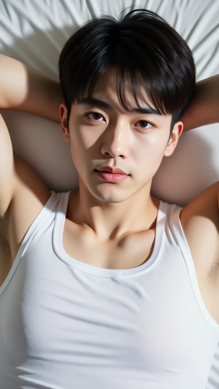 Ultra photorealistic, 20 year old, handsome model, Korean man, nude, on top of the bed, penis, penis on his face, Top view, expression of ecstasy/orgasmic, cumshot, cum on chest and face