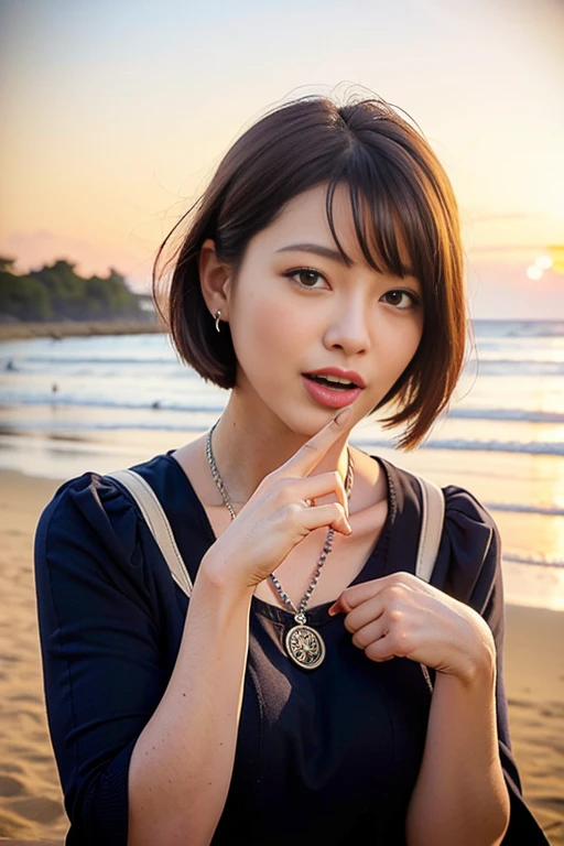 (highest quality:1.5), (((master peace))), ((photo realistic:1.55)), (detailed), Japanese, (((young girl))), ((broad jawline)), realistic skin,puffy face, Very dark brown hair, Short Bob Cut, (messy hair:1.3), earrings, necklace,(((no makeup))), T shirts, Skinny body, flat chest,(((12 Talents))),Frowning, Sunset Beach, wide view, from side,cape