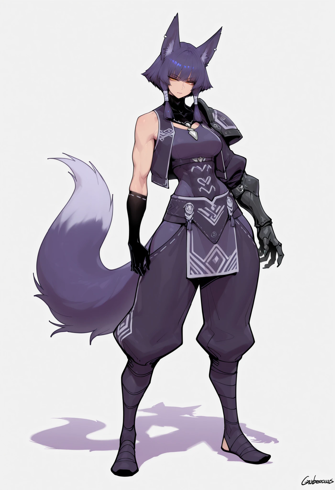gorgeous kitsune girl, beautiful face, kitsune, hair of ash-purple color, beautiful woman, orange eyes, slit pupils, volputrous body, toned woman, curvy and athletic, fox ears, short hair, dark adventurer jacket, buggy pants, single pauldron, single vambrace, single gauntlet, black hands, fox tail, attractive proportions, defined athletic arms and legs, athletic lanky body, fox ears, calm dominant expression, hair tubes, half-closed eyes, medium breasts, huntress, masterpiece, ultra definition, simple white background