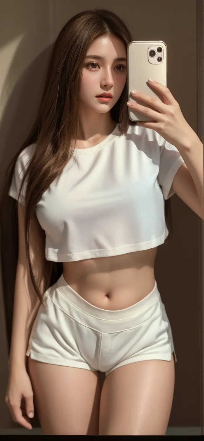 Young and beautiful woman、Medium Hair、Focus on the face、Top view、ミラーSelphy、Taken with the front camera、Selphy、Shoot yourself、In front of the mirror、Erotic regime、I can see your pussy Very large breasts、Very large breasts、Big Breasts、T-Shirts、Black shorts、Training wear、Gym suit、Insanely smile