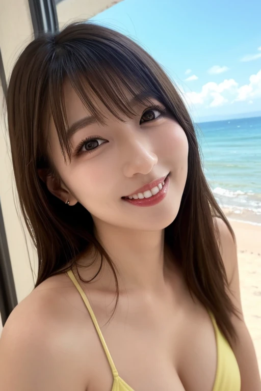 Beautiful, girlfriend,girl, wearing yellow beautiful bikini,beautiful,love,best quality, masterpiece,high details,full body,on the beach happy selfie, looking in camera,iphone selfie,pout,Sexy,gorgeous,good figure,super detail,best quality,fit, hot,smile,sexy,