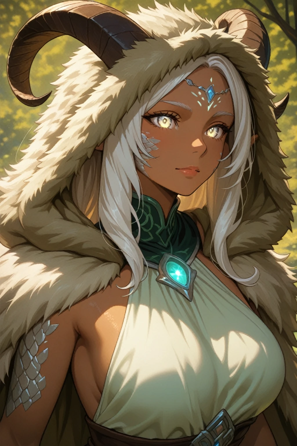 a photo taken from below of a gorgeous young woman with medium breasts and a fit toned body, topless and standing in a forest, cat ears, feather adornments, (white eyes), (no pupils:1.5), clear eyes, (masterpiece), (best quality), soft lighting, 8k uhd, (highly detailed skin:1.3), dslr, intricate detail, face detail, eye detail, <lora:YshtolaV4-6:1>, y'shtola