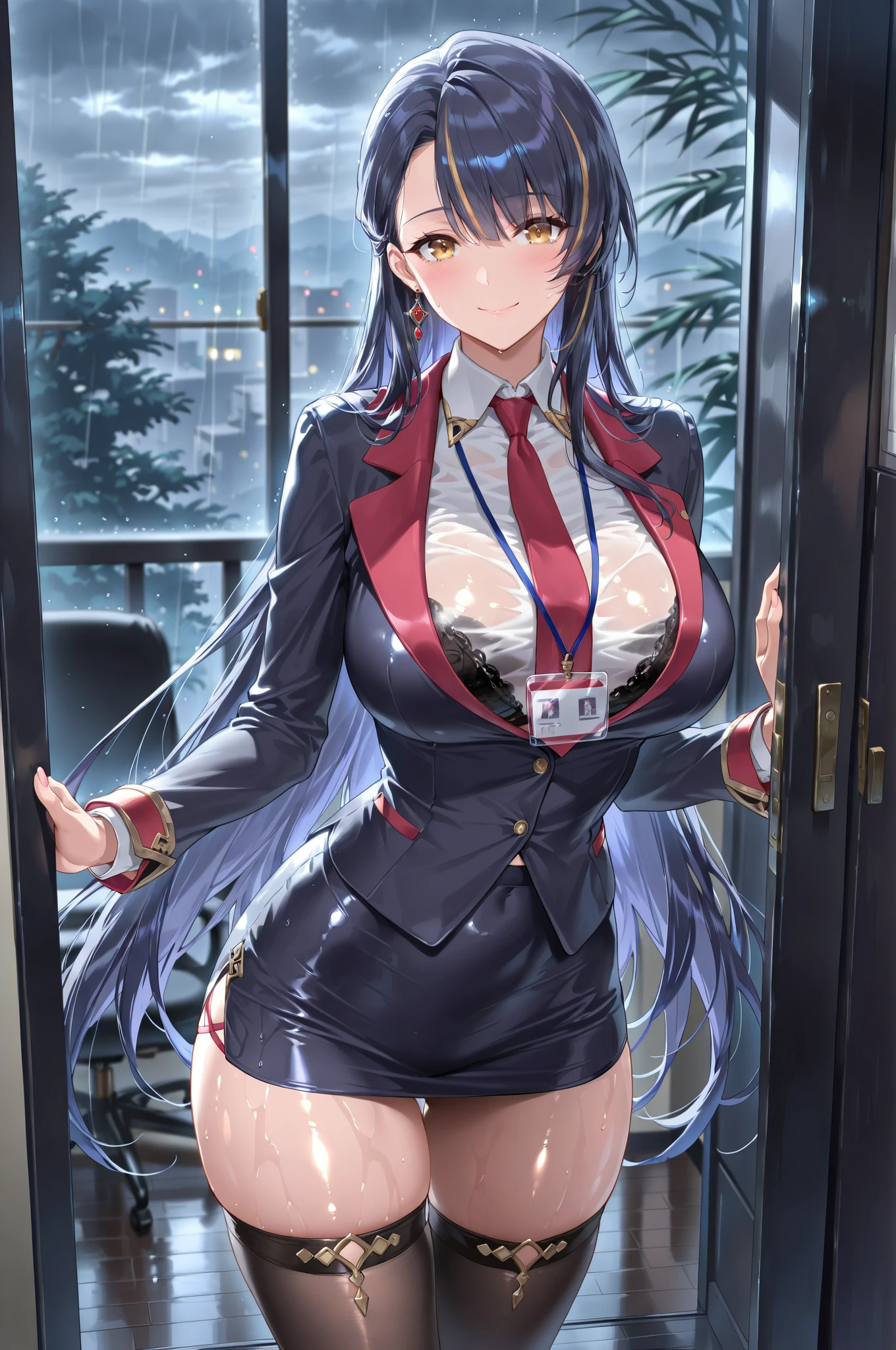 (Highest quality:1.2, High detail, masterpiece:1.2, Best aesthetics), (1 Girl), Cowboy Shot,red jacket,white shirt,white miniskirt,black long socks,brown heels,blue tie,Ganyu, Beautiful detailed eyes, Beautiful detailed lips, Highly detailed face, Detailed Fashion, elegant, luxury, High quality fabric, Shine, Shine, smile, Random Pause, Dutch Angle, bedroom, night, Dramatic lighting, Cinematic, Bright colors, Intricate details, Chiaroscuro lighting.,large breasts ,red nails,finger in mouth,phone close to ear,lift her jacket a little to show her abs,abs,light blue hair