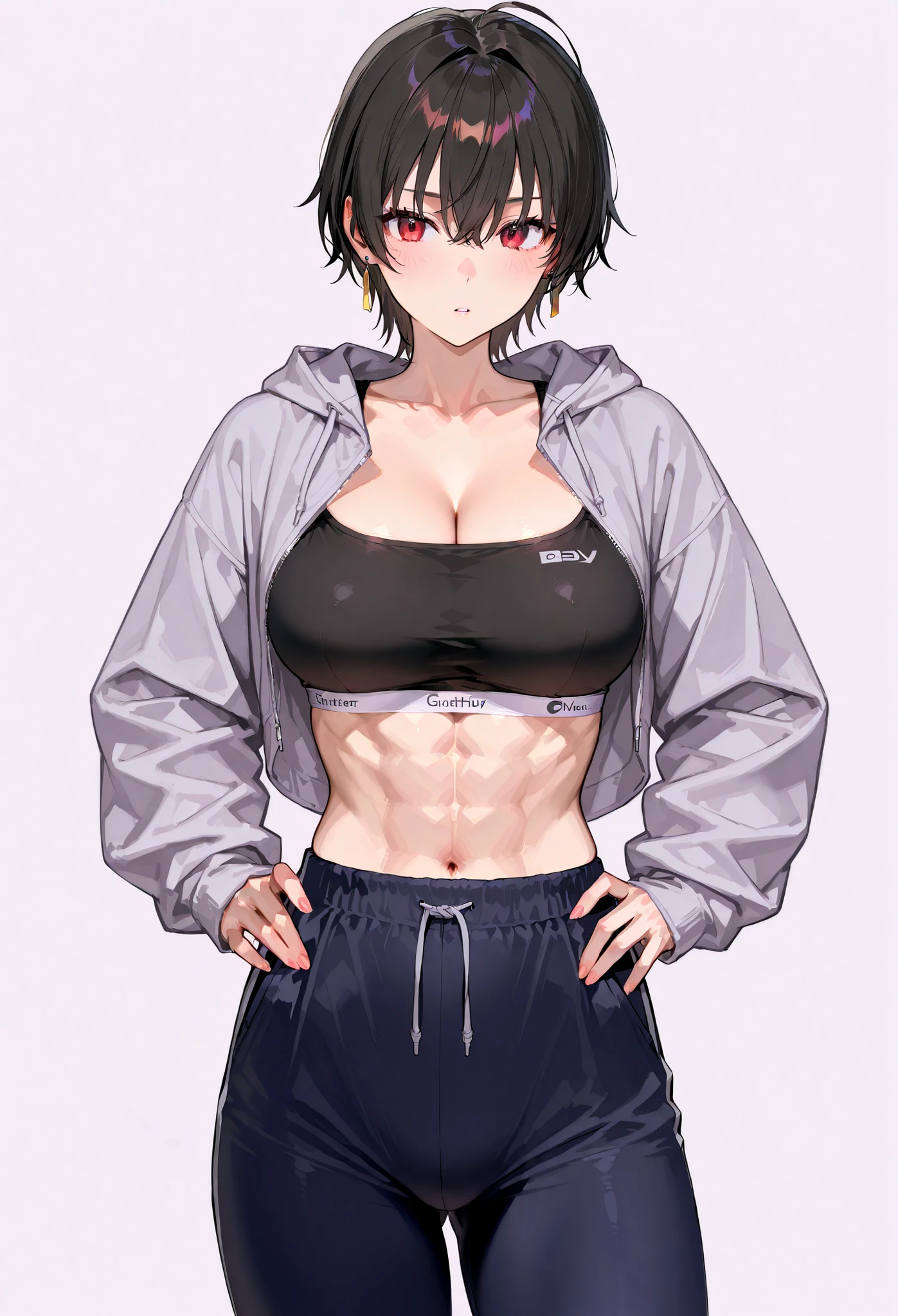 1 female,Suguha Kirigaya,black short hair,white sailor suit,short sleeved,covered nipples,croptop,gray low-rise micro pleated skirt,breasts,leanbody:1.5,