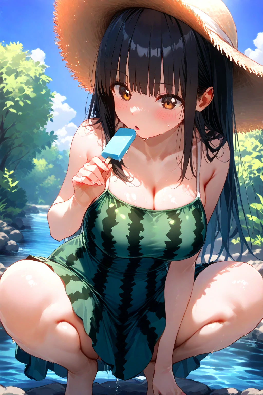 (masterpiece, best quality:1.37), highres, ultra-detailed, ultra-sharp, BREAK, Japanese school girl model, 1girl, (beautiful anime face, cute face, detailed face), (black hair, short hair, bangs), blue eyes, jewelry, earrings, piercing, BREAK, ((detailed water melon patterned swimsuit:1.5), (detailed water melon skin bikini:1.5)), lovely look, detailed clothes), light smile, closed mouth, parted lips, pink lipstick, BREAK, ((standing, leaning forward, holding water melon on stomach,:1.3, cowboy shot)), detailed human hands, HDTV:1.2, ((detailed water melon garden view background:1.3)), 8 life size, slender, anime style, anime style school girl, perfect anatomy, perfect proportion, inspiration from Kyoto animation and A-1 picture, late evening, excellent lighting, bright colors, clean lines, photorealistic
