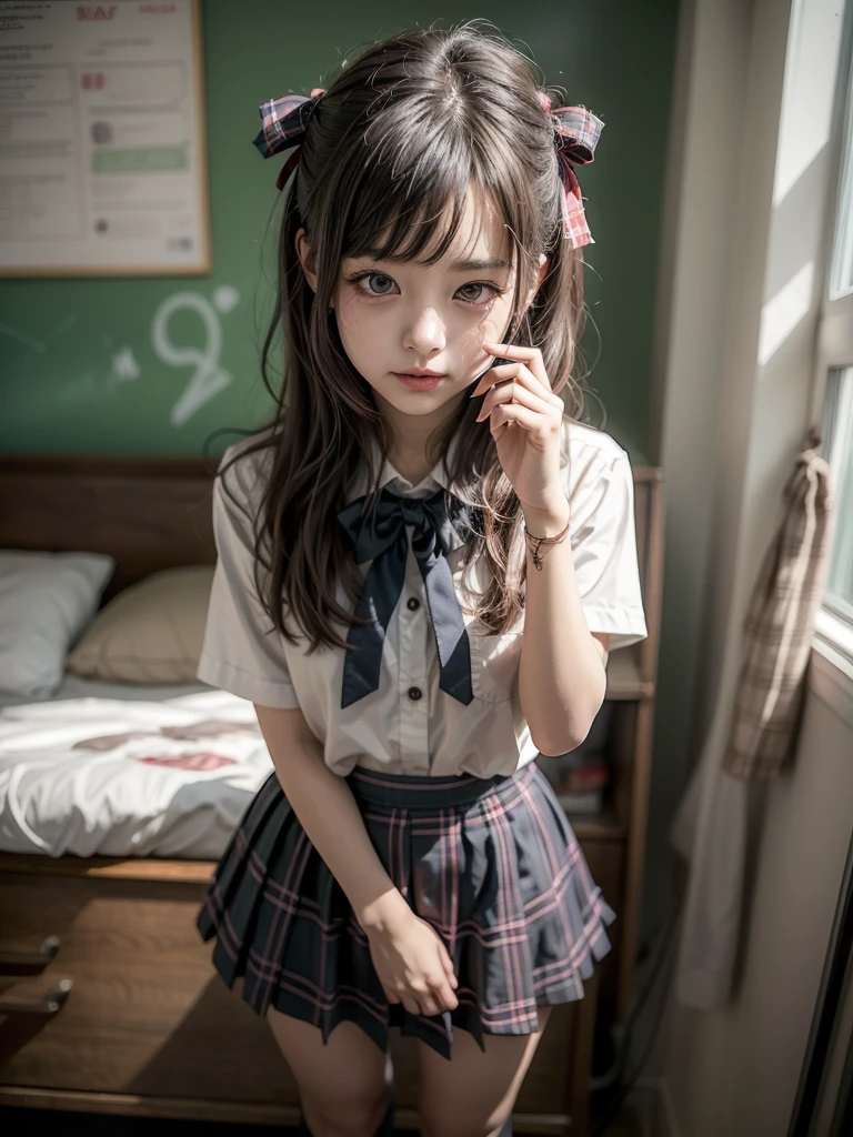 (upper body) , masterpiece , top quality , very detailed , 1 person, (contrasting eyes) , standing , blouse, skirt , bangs , room , indoor