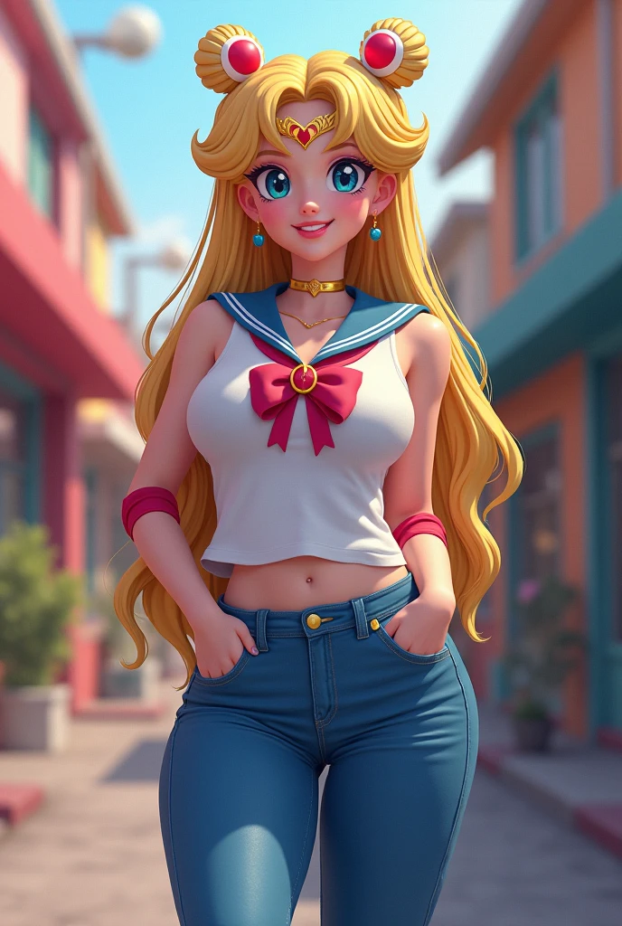 cowboy shot, full body portrait, Superhero, 1980s \(style\), 1girl, long blonde hair, retro artstyle, long wavy hair, solo, Sailor Moon outfit, unbutton_shirt, (natural_breasts:1.2), medium_breasts, cleavage, full body shot, model pose, shoes visible