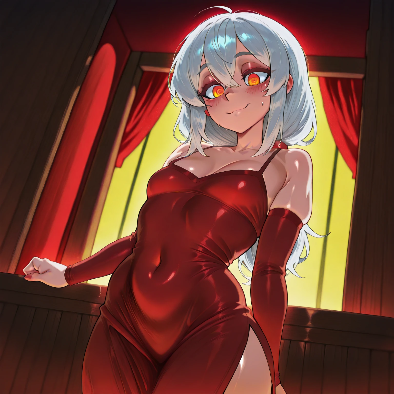 Hibana, 1girl, solo, glowing eyes, ((hair tied up)), ((wearing red slip dress)), looking at viewer, smile, hands behind head,(((glitter on dress))),(((night club background))), ((spotlights)), perfect quality, good quality, masterpiece, HDR, UHD , big breasts, room, bed, nipples, sitting, upper body
