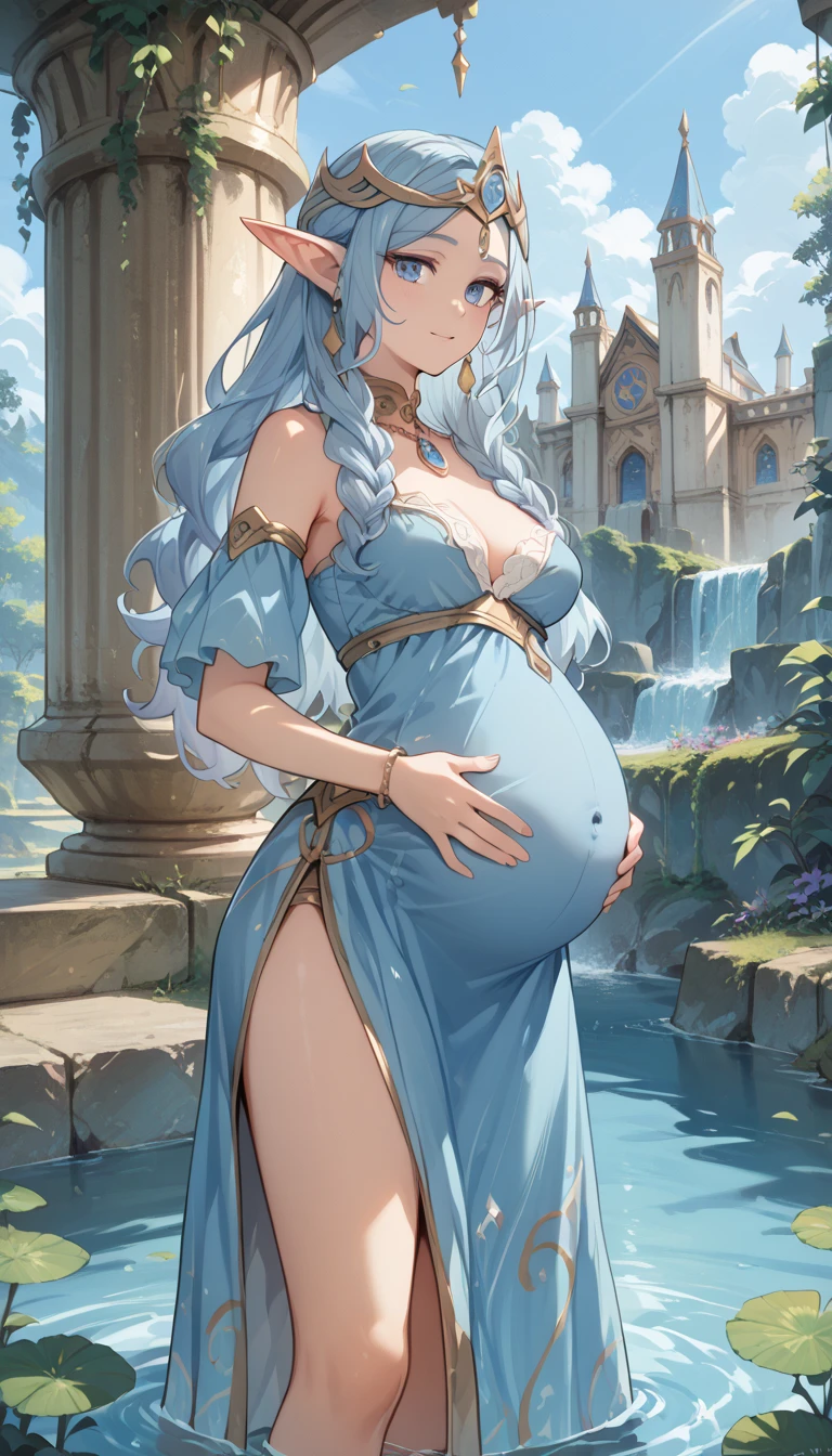 8k, masterpiece, very realistic, Full body (Sexy pregnant queen 1.2), very slim waist, slim thighs, elaborate detailed high contrast light blue dress, long straight flowing light blue hair, elaborate detailed patterned white stockings, medium breasts, pregnant, curved back, silver tiara with light blue gems, (from the back 1.2)