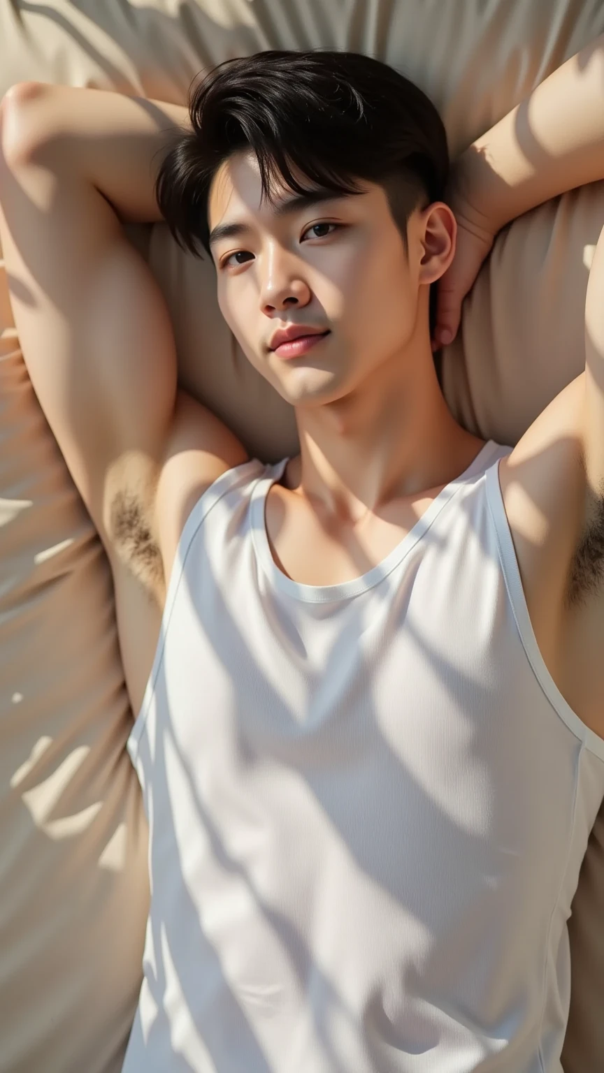 (1 young man), age 18, Opposite 3, (Masterpiece, Excellent quality, high resolution, 8ก, complex: 1.2), (detailed face: 1.2), (lower sexy bikini thong), (shirtless), ((topless)), ((pubes)), Very handsome, Wavy abdominal muscles, Abs, Abdominal hair, Beautiful skin, short hair, lying down, spread legs, bed background, lifted arms, lifted legs, Focus Man, ((realistic)), good lighting quality, delicate body, Idol, ((Pale skin)), balanced eyes, brown eyes, smile, white teeth, smooth hair,