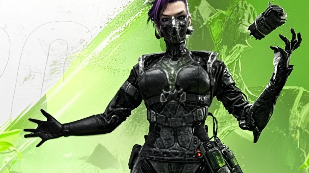 there is a woman in a black suit holding a gun, goth cyber suit, metallic green armor, dressed in stealth armor, green armor, dressed in cybernetic armor, black fire colored reflected armor, bionic armor, cyber suit, cyber fighting armor, Biological armor, cyber suit, corrupted armor, dressed in sci-fi military armor, cyberpunk costume, bionic,sexy.
