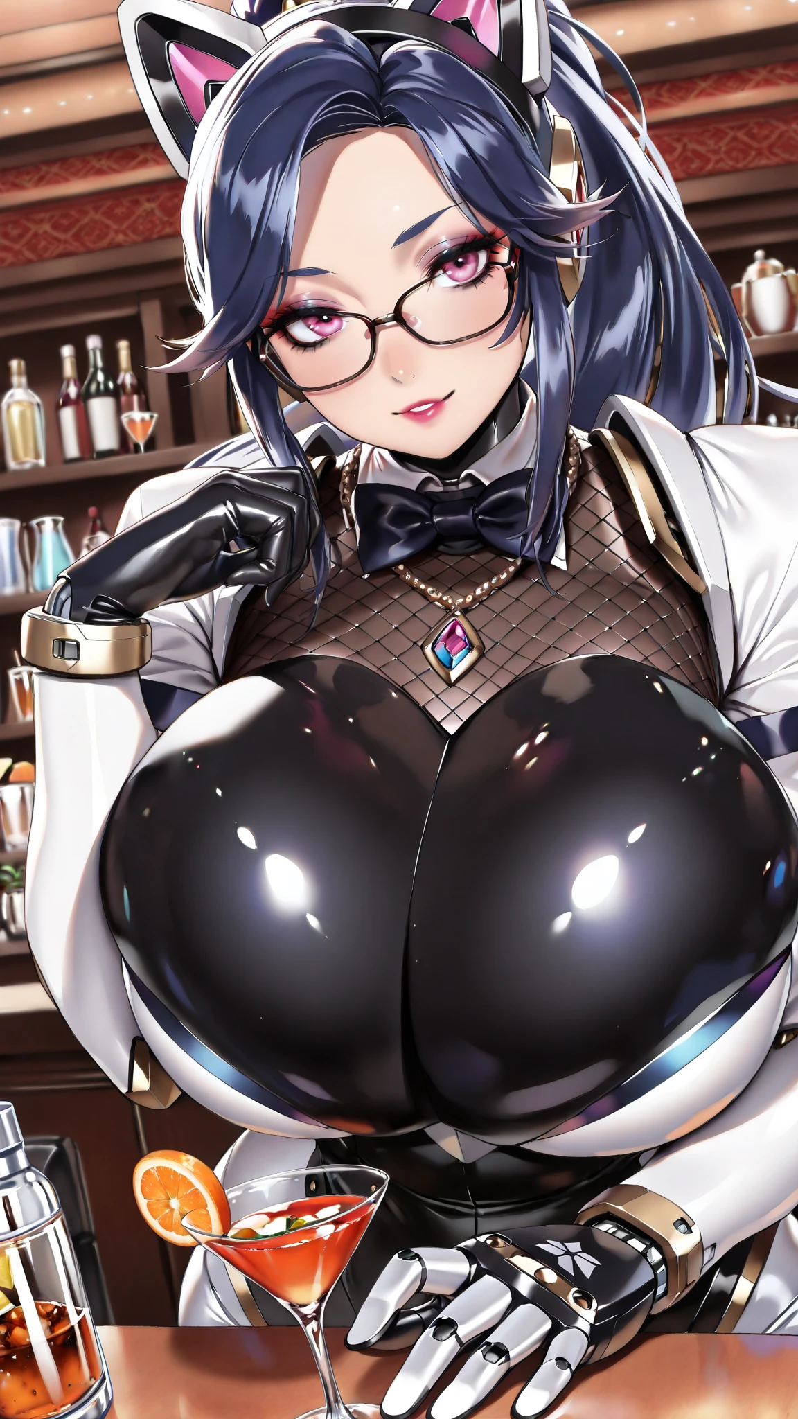 masterpiece, best quality, very aesthetic, absurdres, newest,1girl, huge tit,grin,pov_hand, ,1girl, pela \(honkai: star rail\), honkai: star rail, long hair, blue eyes, glasses, pantyhose, black headwear, gloves, hat, blue hair, black gloves, round eyewear,in a cafe,luminous butterflies, fluttering butterflies,