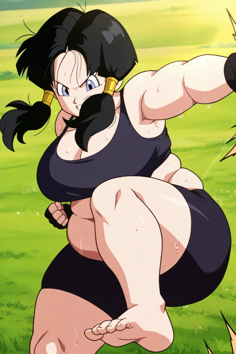 chichi_dbz, nsfw, red bimbo lips, beautiful eyes, inside_her_house_dbz, purple eyes, standing, solo, large_breasts, wearing white_tank_top, black_thong, nipples, 2nipples, wet body, sweaty body, naked, masterpiece, best quality, detailed face, detailed eyes, highres, big breasts, biggest_behind, areola_under_dress, big_ass, huge_breasts, big_buns, thick_thighs, wide_hips, black tight_thong, mommy, milf, buttcrack_showing_ass, perfect_body, perfect_clothing,