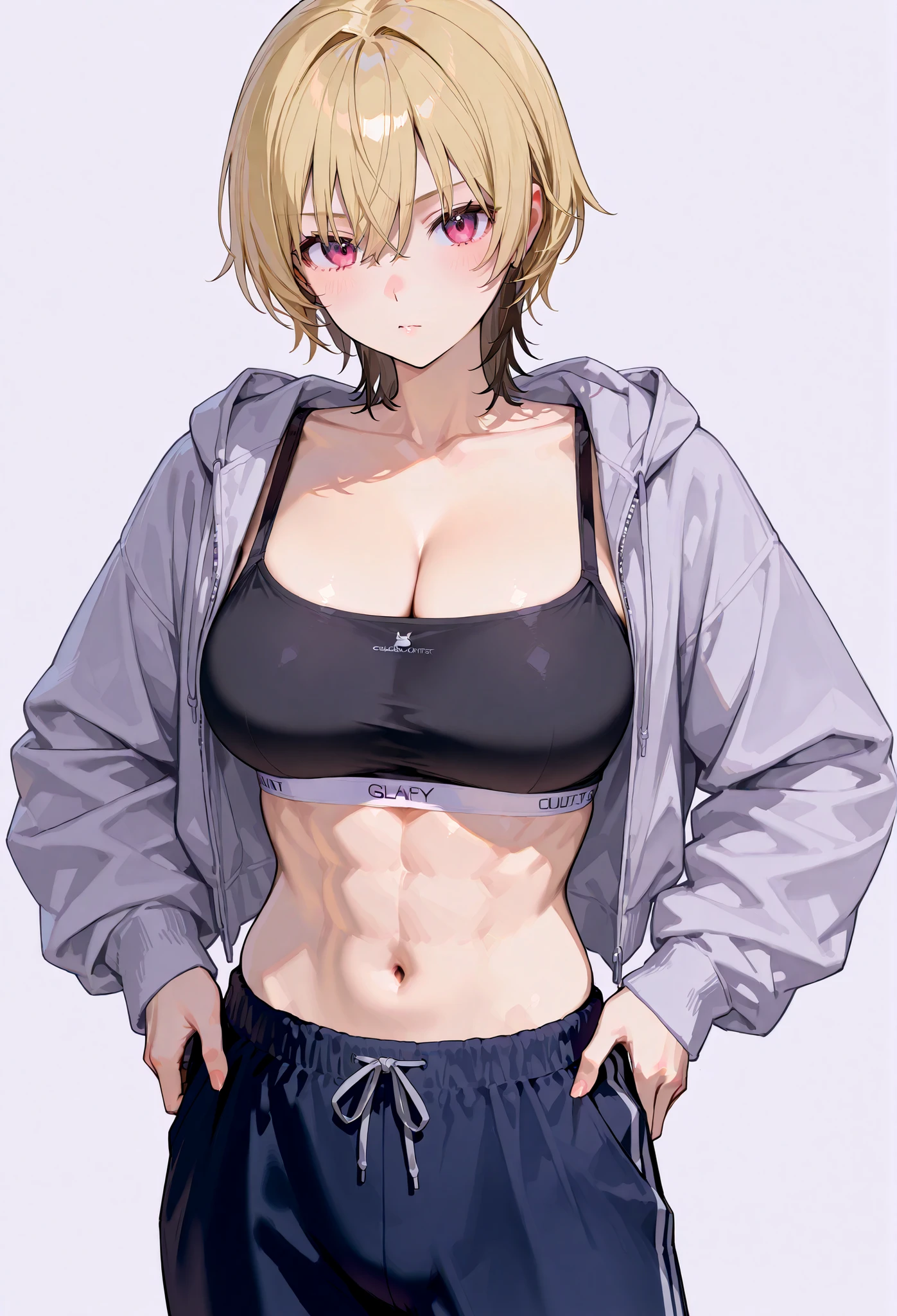 1 girl, (dark brown skin tone:1.4), very short hair, black eyes colour, mole down the right eye, blonde hair, abs, wrestling clothes, Cold expression, blank eyes, mature, dominant aura