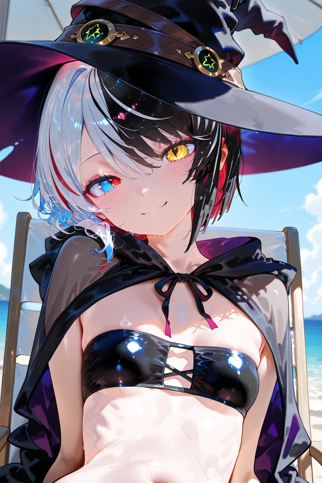 A girl stands in a hot spring with a view of the night view of Lake Suwa late at night、She has a short bob with a white lob of hair and wears a large black witch hat with sapphire jewelry.、A high school student wearing a navy blue bikini with a white ribbon on her chest.、She wears a large witch's hat with a small sapphire accessory、A few star creams、Beautiful starry sky、Beautiful night view、large witch's hat 、Navy blue bikini pants that dig into your stomach、Small breasts、A cup breasts、Navy blue bikini top with white frills、Small breasts