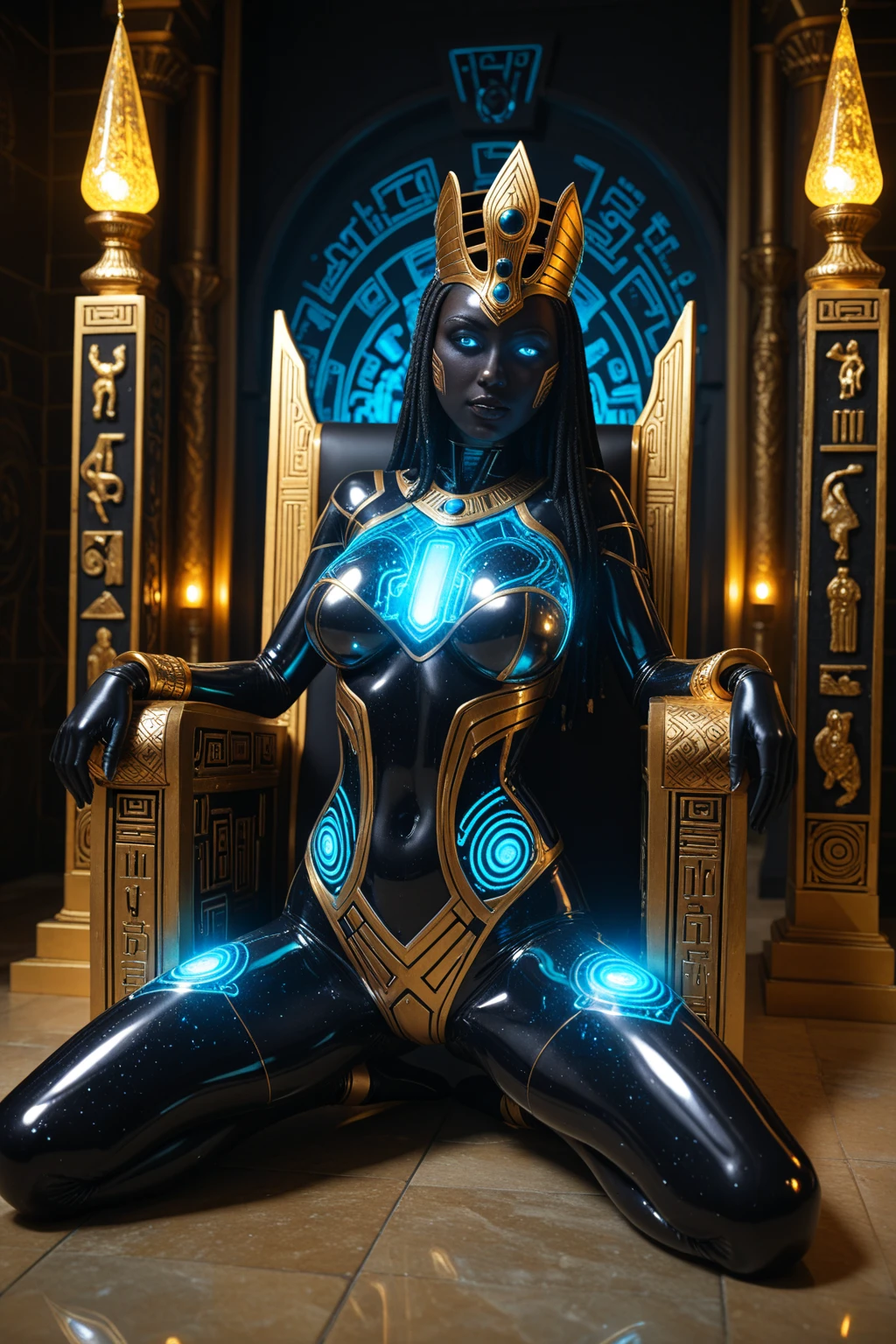 A Sensual Queen in a Technological Realm" An image of a cyberspace empress adorned in a futuristic regal outfit ruling a virtual kingdom. A cena se passa em um ambiente digitalmente imersivo, exalando um ar de autoridade, Power and seduction