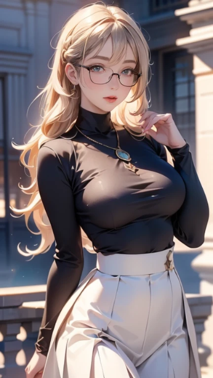(High quality, High resolution, Fine details), standing in a lush garden, surrounded by colorful flowers and tall trees, sunlight filtering through the leaves, casting a warm and gentle glow, black dress with superb lace work, solo, curvy women, beautiful braided blond hair, large round glasses, sparkling eyes, (Detailed eyes:1.2), smile, blush, Sweat, Oily skin, warm tones, lighting is soft, shallow depth of field