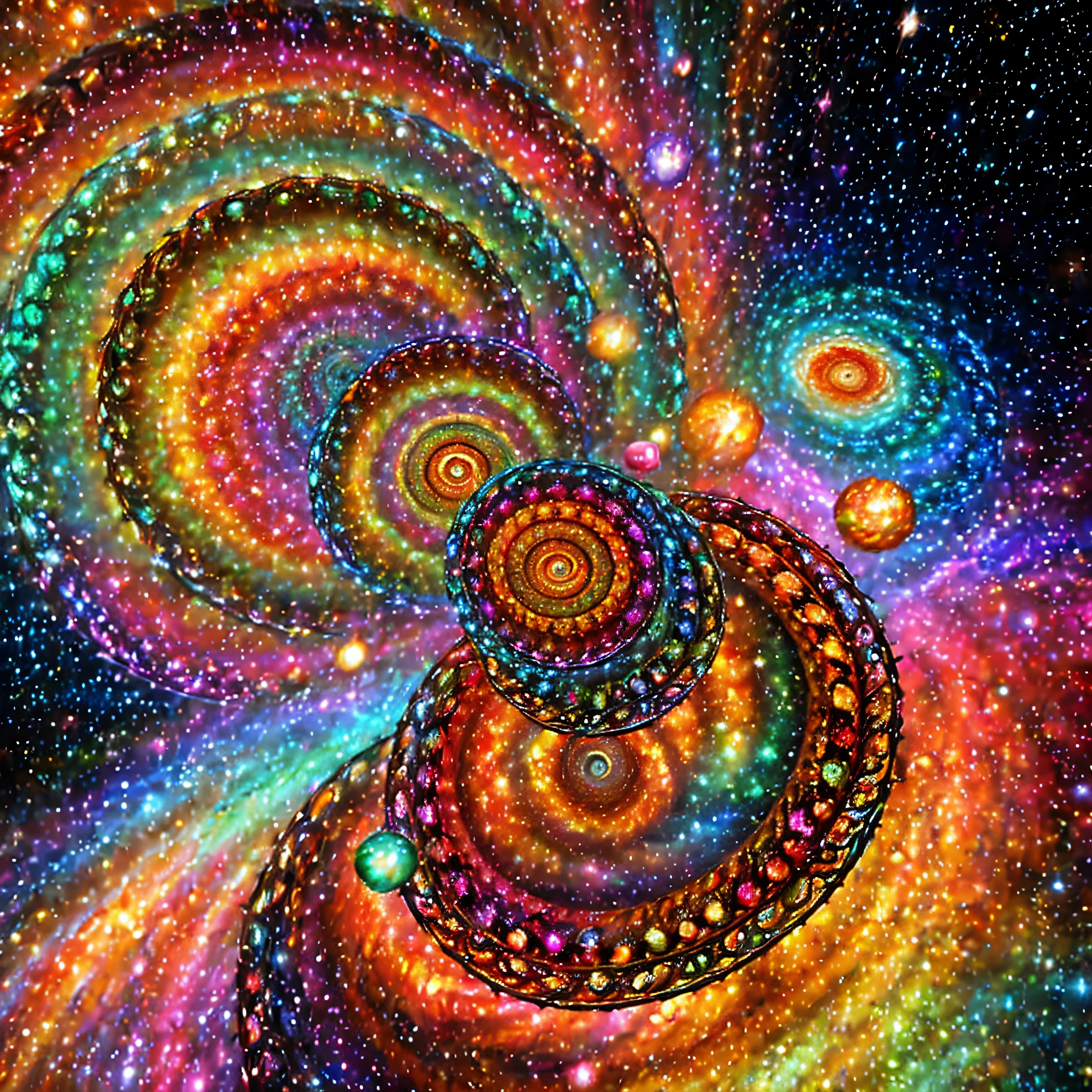 The Three Graces, in a very colorful and fantastic representation, spinning in the spirals of a galaxy.