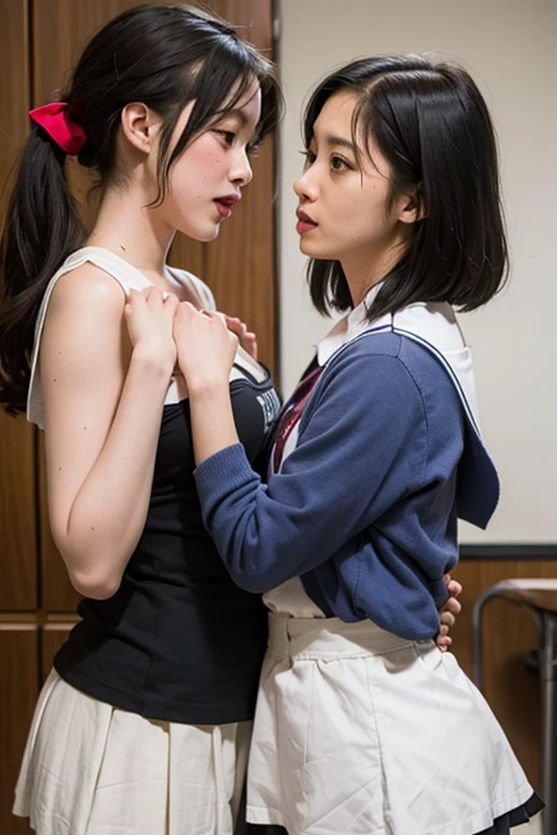 nsfw,(Tabletop:1.2, Highest quality:1.2), 32k HDR, High resolution, ((Two contrasting women)),((Two women in love)),((Two women hugging each other)),Japanese women,(Tattoo),((Silver hair in a short bob cut)),(Silver hair in a short bob cut),Red lipstick, Medium chest, Earrings,Crouching posture,両足を開いてsquat,Show off your crotch,Both arms are chained,Handcuffs,Showing nipples,One is blonde,Dimly lit room,squat,Embarrassed, moist eyes,Sad expression,Looking into the camera,Very beautiful eyes, Flat Chest,Tragic,A fleeting expression,((Both have)),((The penis is growing)),((ejaculation)),((Rubbing the penis)),((Straight erect penis)),((全身にTattoo)),(Deep Kiss),(Constraints),(rope),(Bondage),(ropeで縛られている),(Tortoiseshell binding),commit,suck,lick,(Hanging),((Sailor suit)),classroom,((School)),(uniform),((Sailor suitの女生徒)),