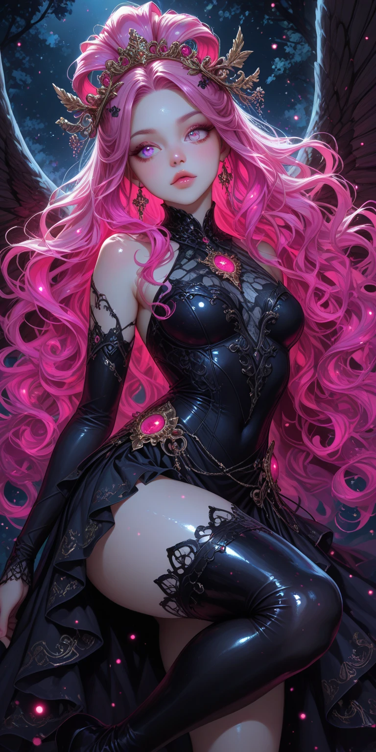 atmosfera sangrenta sombrio Angelina jolie sexy Big tits goku sexy Angel fênix fusão segurando uma catana de lamina pink neon com cabo dourado, em uma floresta com pétalas negras com alguns raios de sol passando pelas arvores, ela esta ferida, e ela tem (chamas negras) como seu maior poder em volta vivid color Angel and fun power magical, rough sexy Nami + Jiraya fashion grunge fashion, top view (holding esferas do dragão dbz in hands) dystopian ugh shading Surréalisme watercolor painting style, stylize 1000 line art, watercolor wash, by inacofairy,rugged, ferida, big eyes, reflective amarelo eyes perfects eyes, Gritty Realism, dirt, dark glowing eyes, anime style, intricate detailed, bright colors, fantasy, concept art, digital art, intricate, oil on canvas