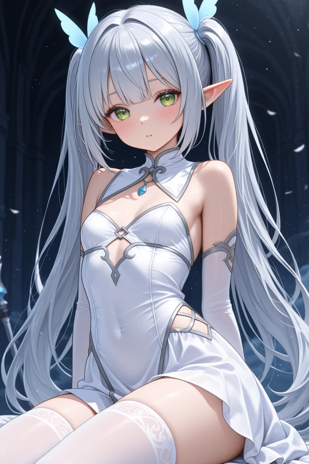 A white skinned girl,grey eyes,(Elf's ears), long black hair and ancient princess clothing
