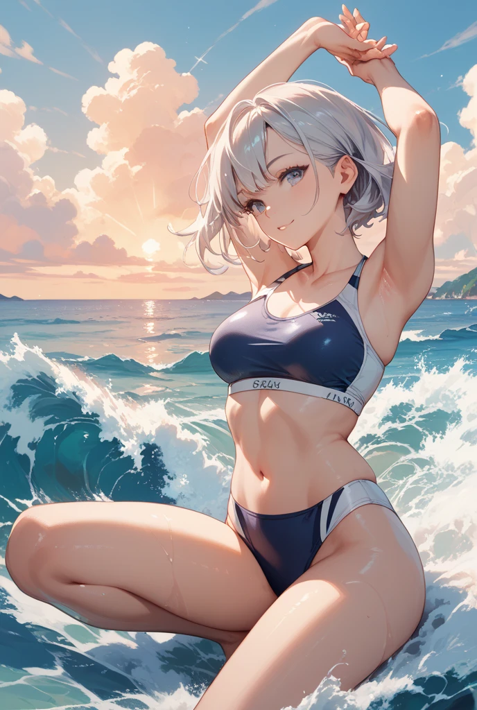 ((highest quality)), ((High resolution)), ((In detail)), One girl, middle_e7, Small breasts, Swimwear, Realistic, Beach, Wet, Ocean, belly button, null, clavicle, ((masterpiece))