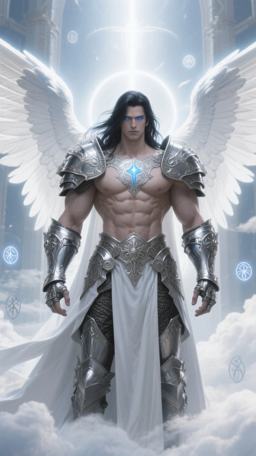A mature man like Mighty Archangel Michael, with a muscular constitution and long hair, is in battle armor, flaming blue sword of golden pearls, a flaming sacred aura radiating from his body, extremely detailed white wings, moon background, surreal, fantasy, magical, intricate details, dramatic angle, (dynamic upper body posture: 1.1), dramatic lighting, depth of field. Best quality, masterpiece, ultra high resolution, (anime realism, photorealistic: 1.4), perfect composition, centered, symmetry