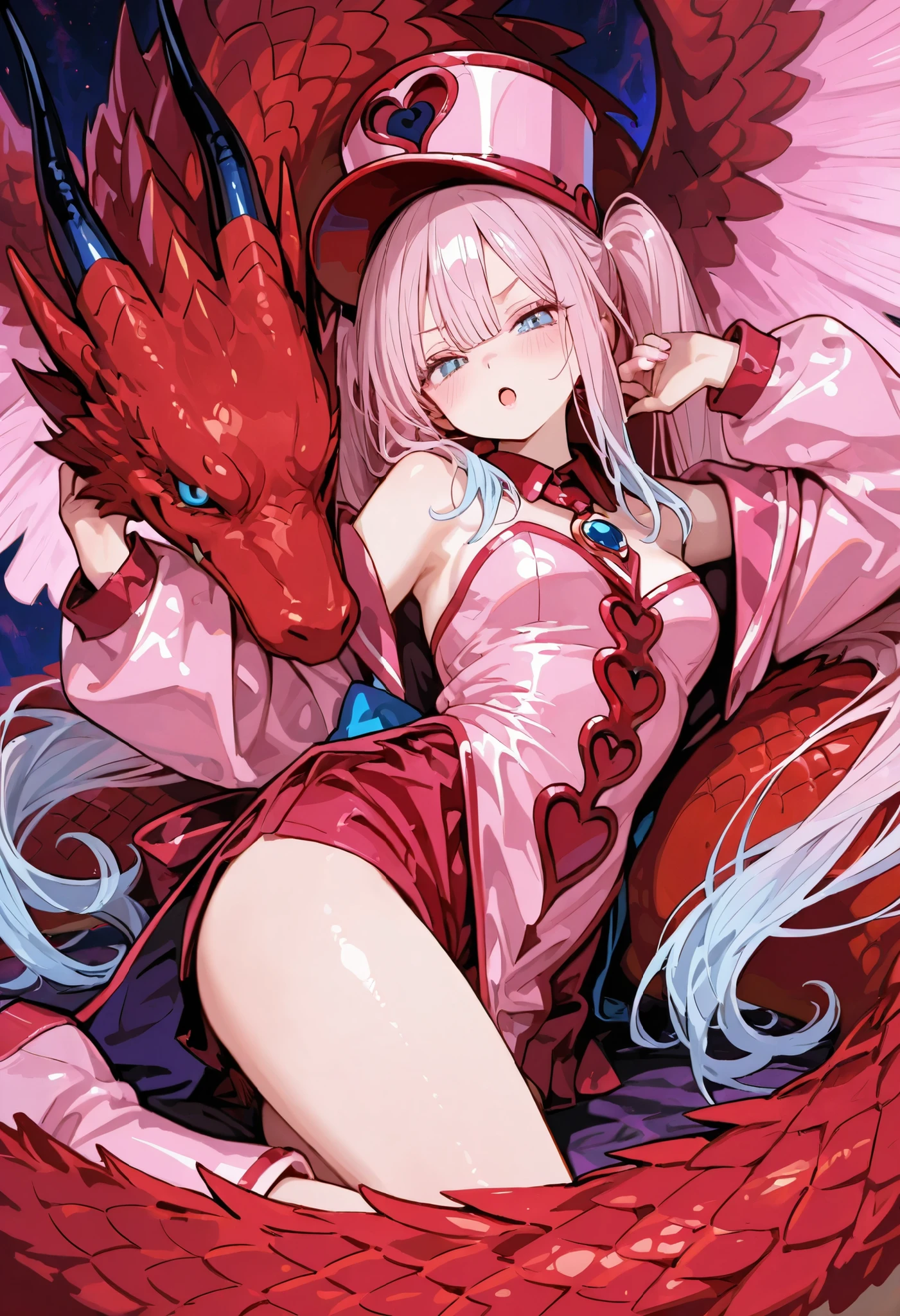 Nice human girl magician, intense lightblue eyes, very long twintails lightpink hair , Fierce Big red Dragon in background.