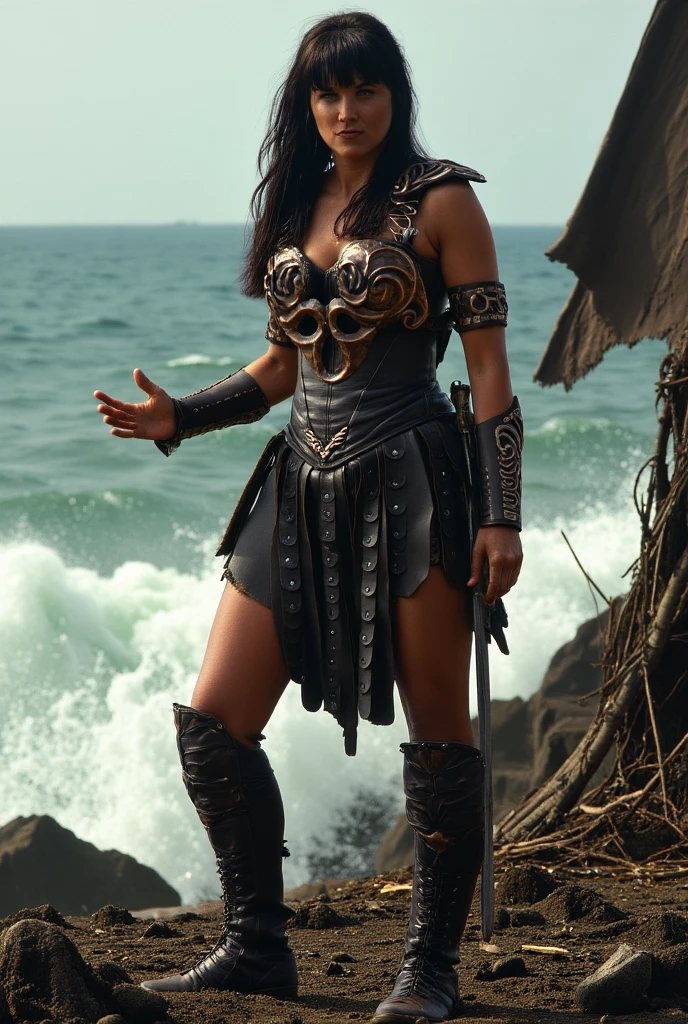 Muscular, Dark light skin, Beauty face, Ash hair, Long hair, Braided hair, Medium hair, Curly hair, Messy hair, Straight hair, Naked, Armor, Leather costume, Skirt, Portrait, Ancient city, Beach, Realism, Woman, One, Greek, White